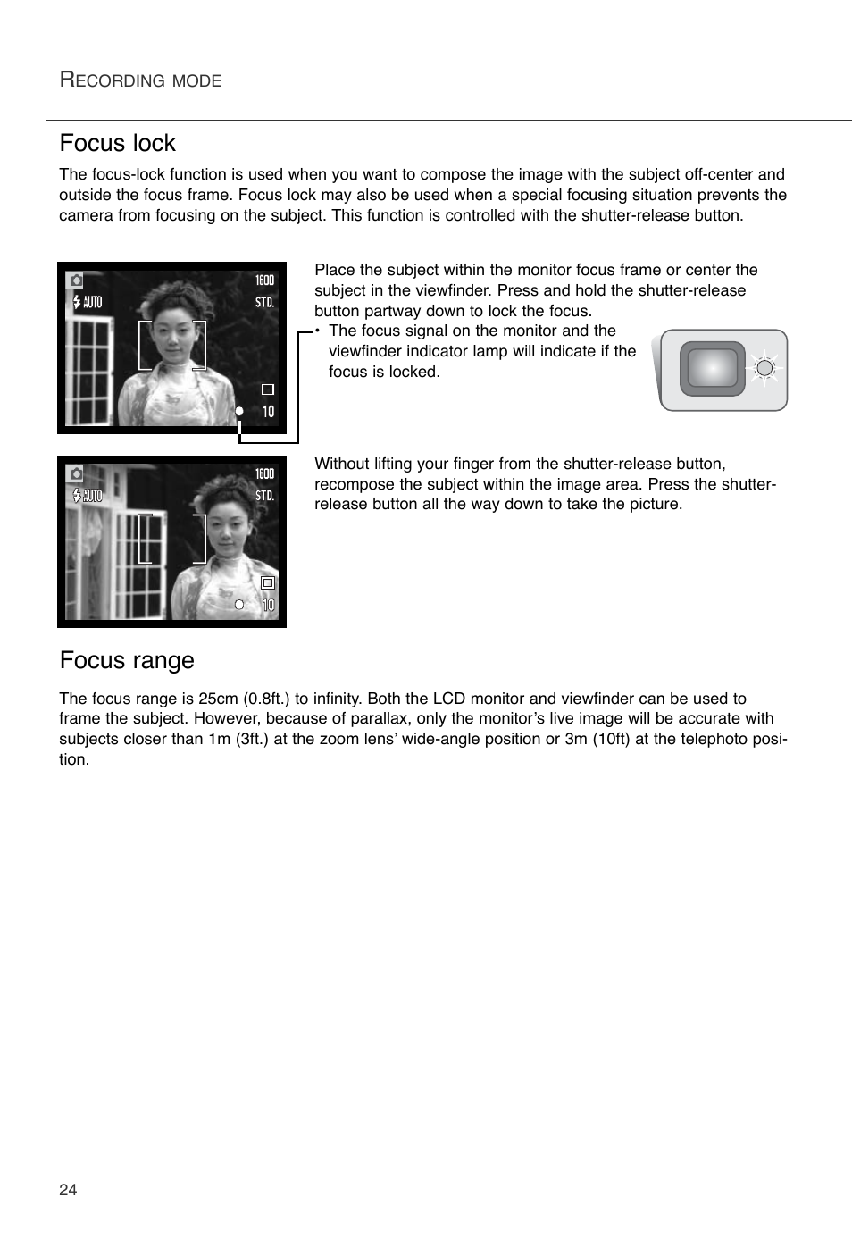 Focus lock focus range, Focus lock, Focus range | Konica Minolta DiMAGE X User Manual | Page 24 / 88