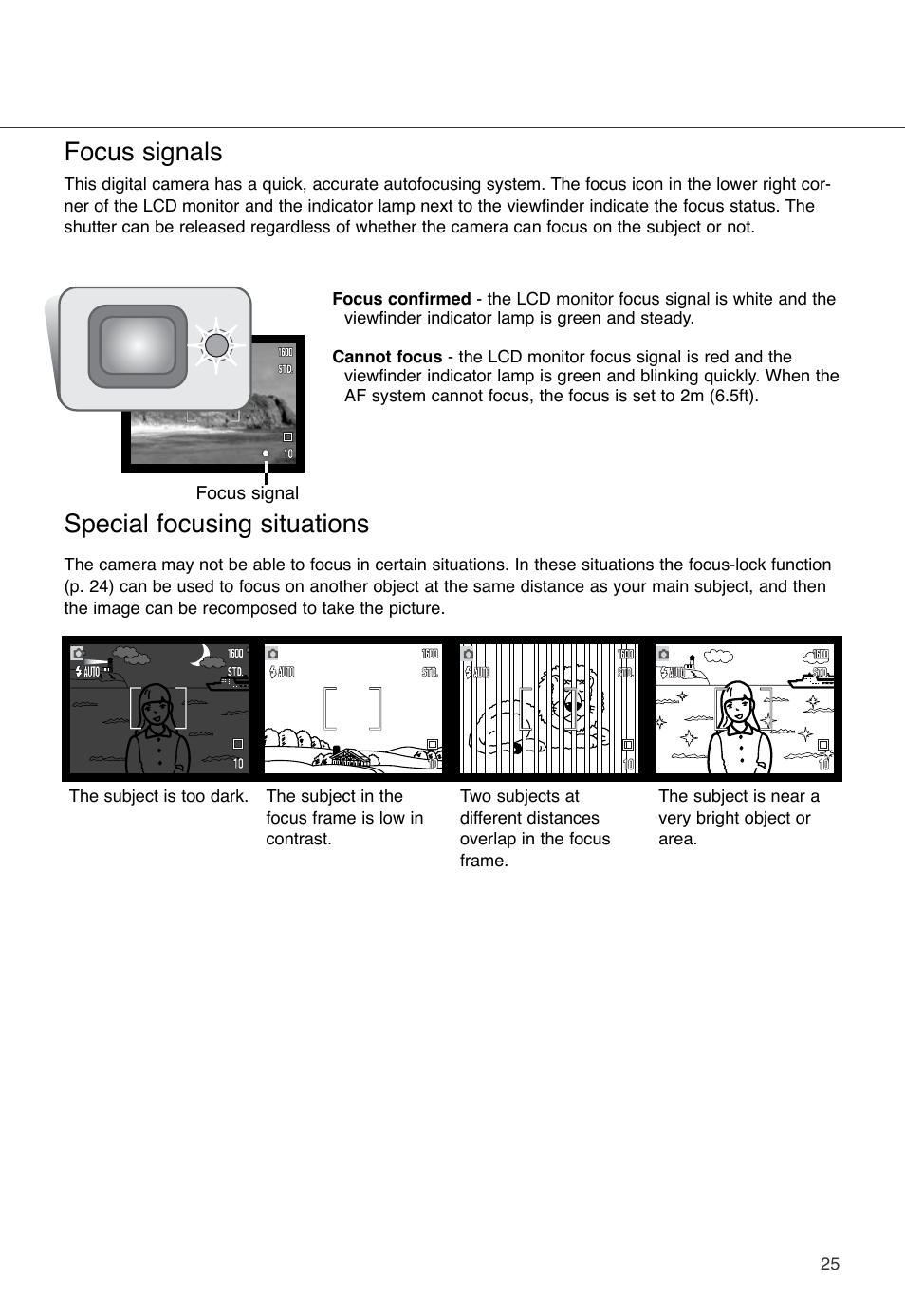 Focus signals special focusing situations | Konica Minolta DiMAGE X User Manual | Page 25 / 88