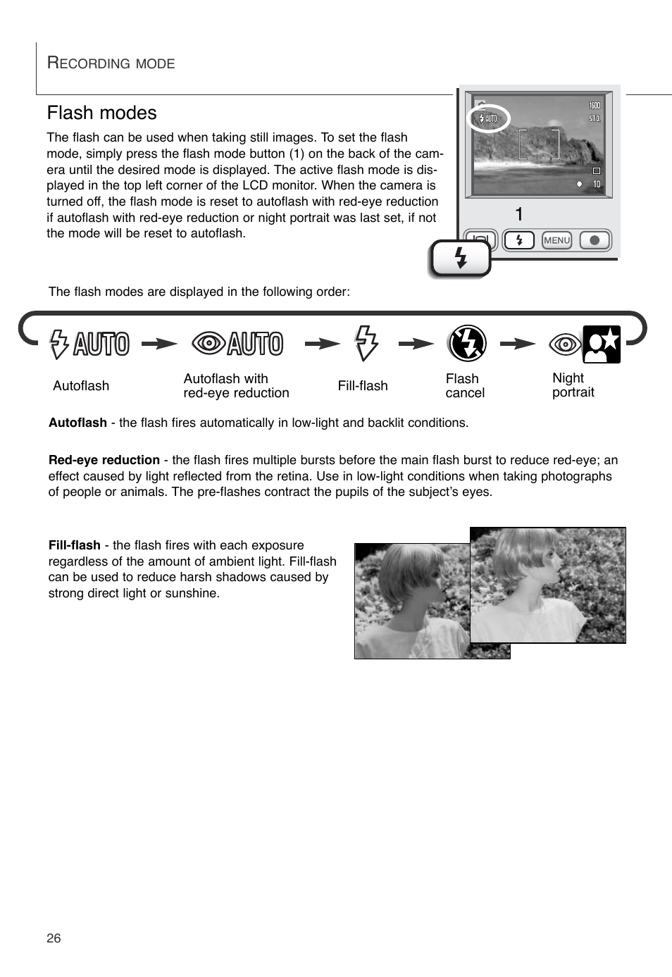 Flash modes | Konica Minolta DiMAGE X User Manual | Page 26 / 88