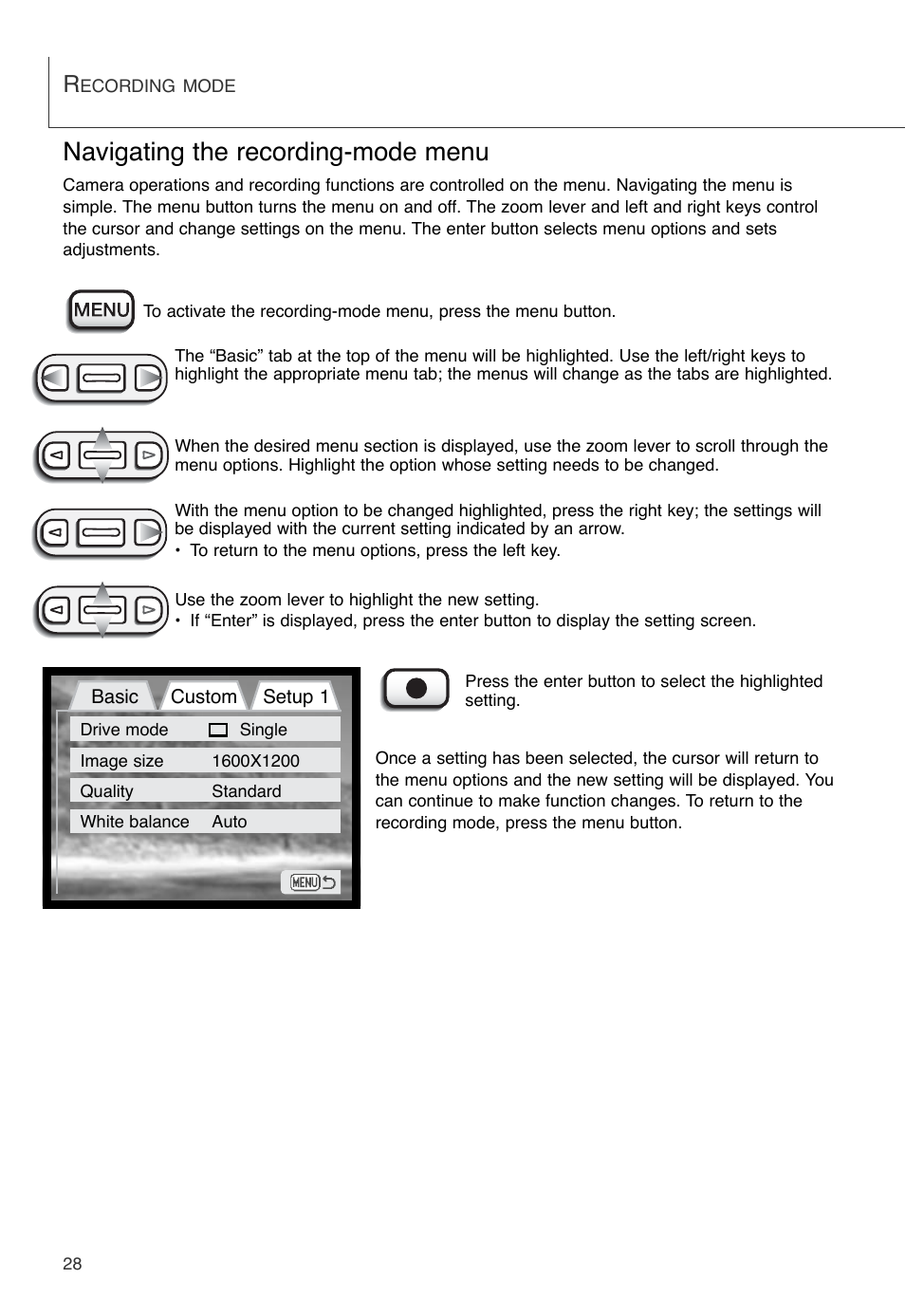 Navigating the recording-mode menu | Konica Minolta DiMAGE X User Manual | Page 28 / 88