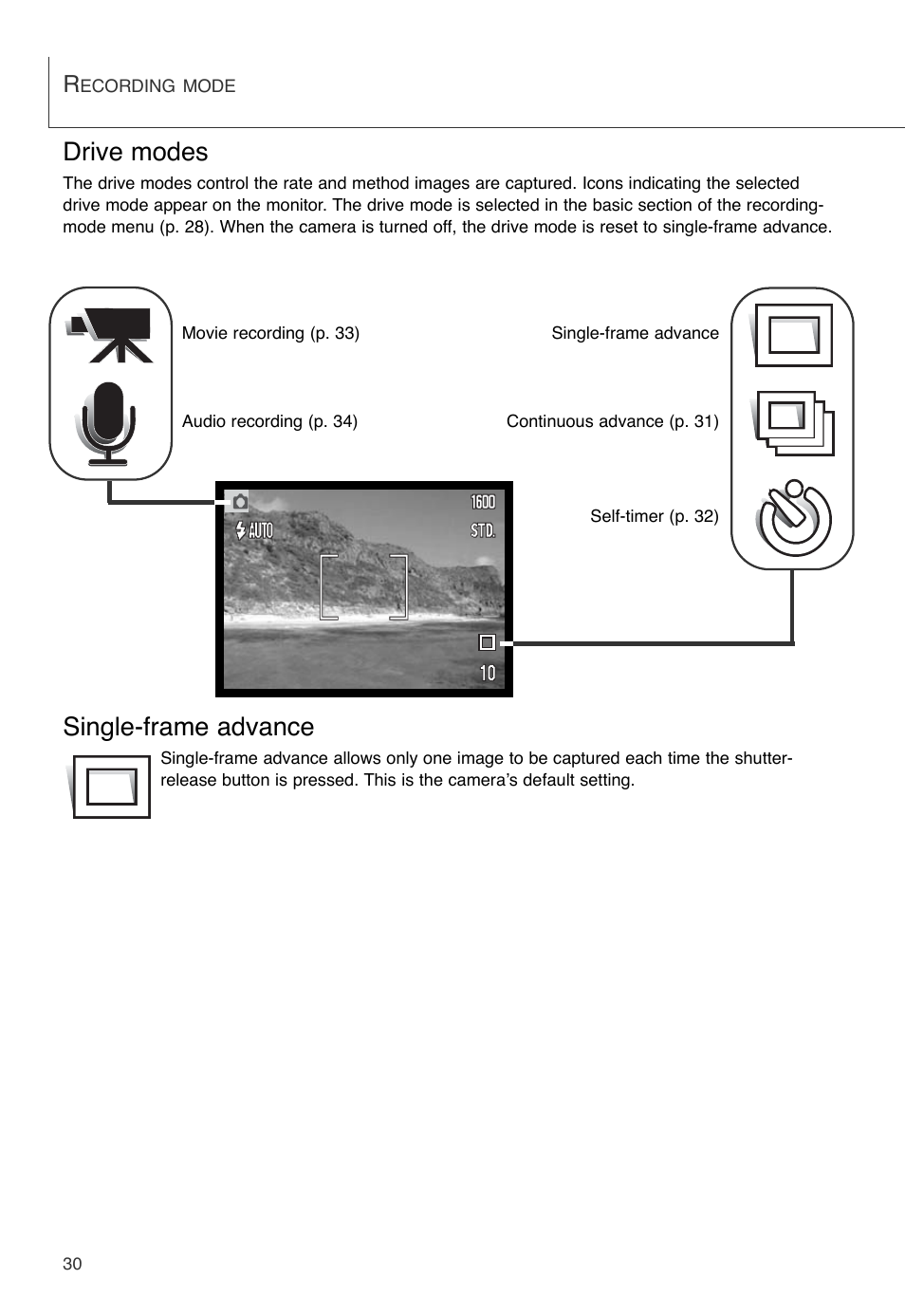 Drive modes, Single-frame advance | Konica Minolta DiMAGE X User Manual | Page 30 / 88