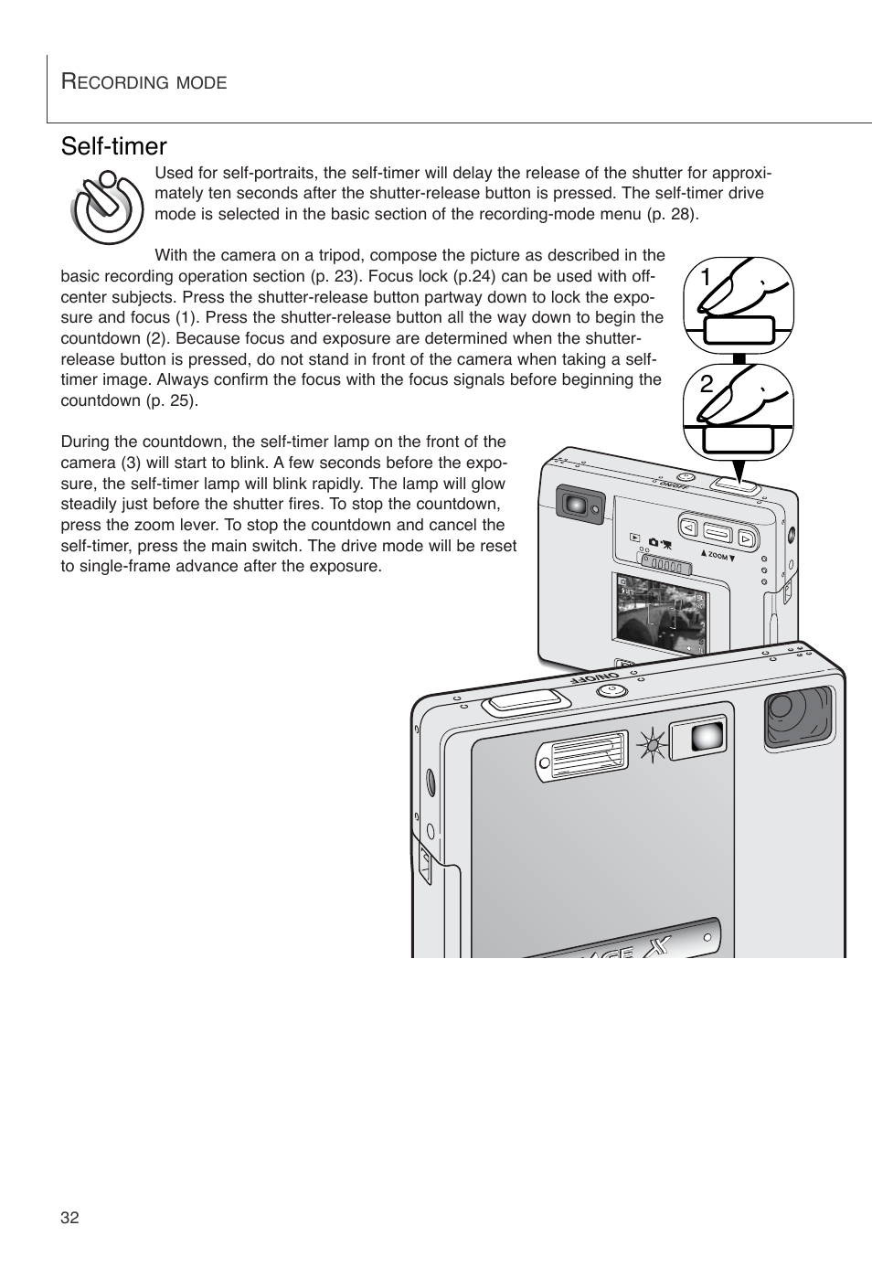 Self-timer, Self-timer 2 1 | Konica Minolta DiMAGE X User Manual | Page 32 / 88