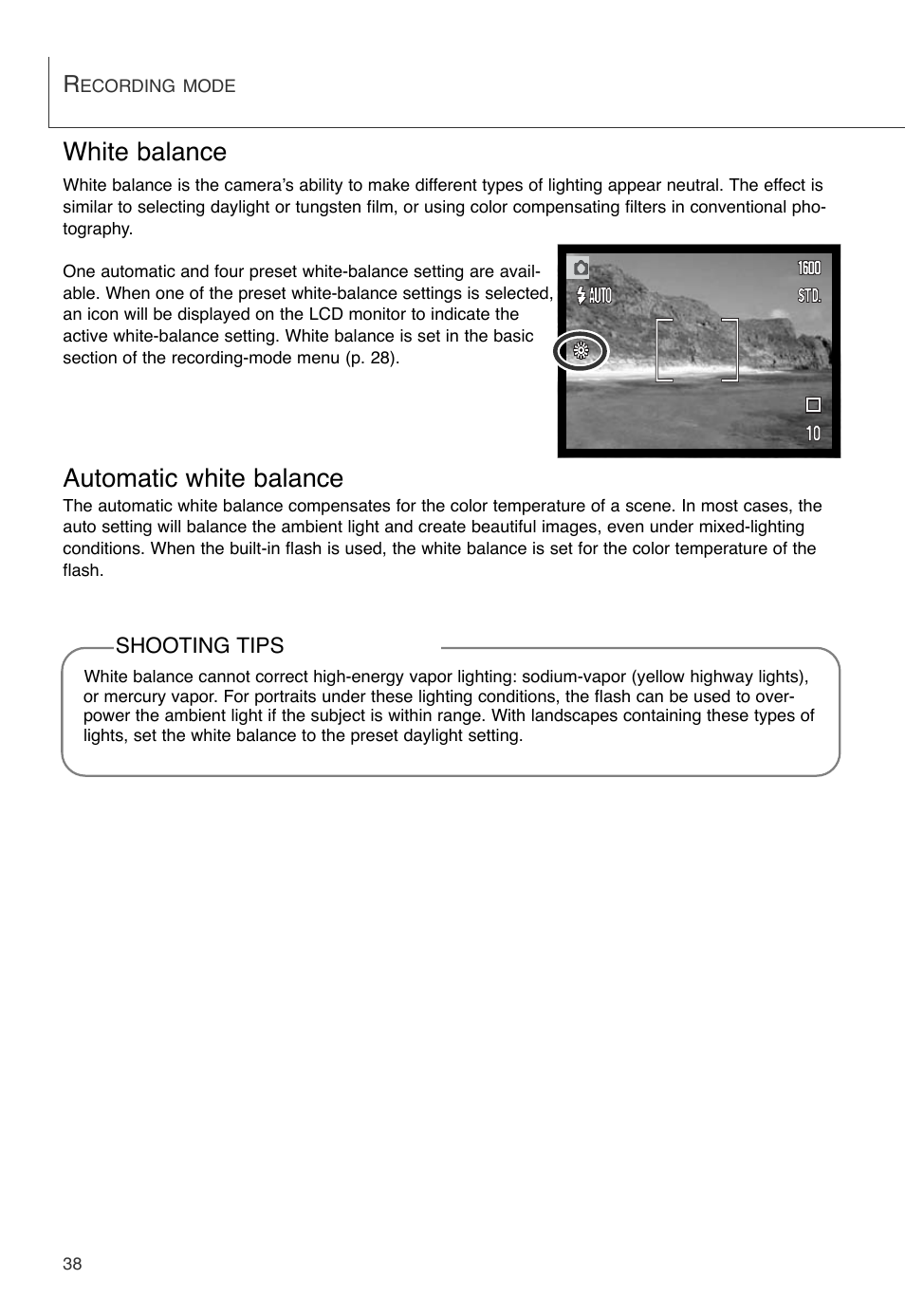 White balance, Automatic white balance, White balance automatic white balance | Konica Minolta DiMAGE X User Manual | Page 38 / 88