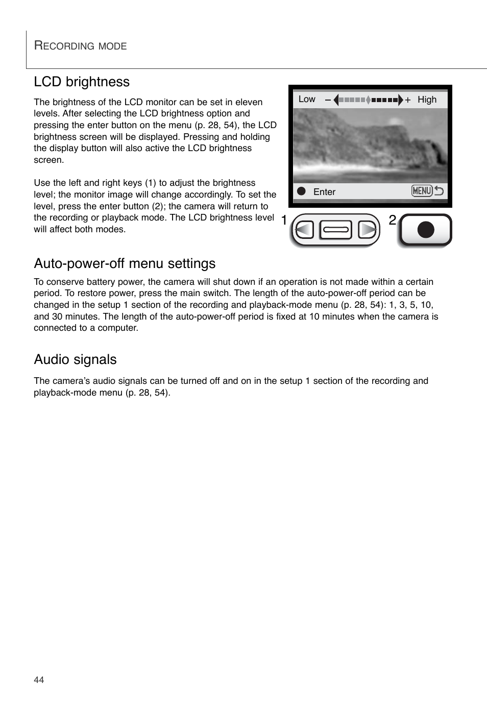 Lcd brightness, 12 auto-power-off menu settings, Audio signals | Konica Minolta DiMAGE X User Manual | Page 44 / 88