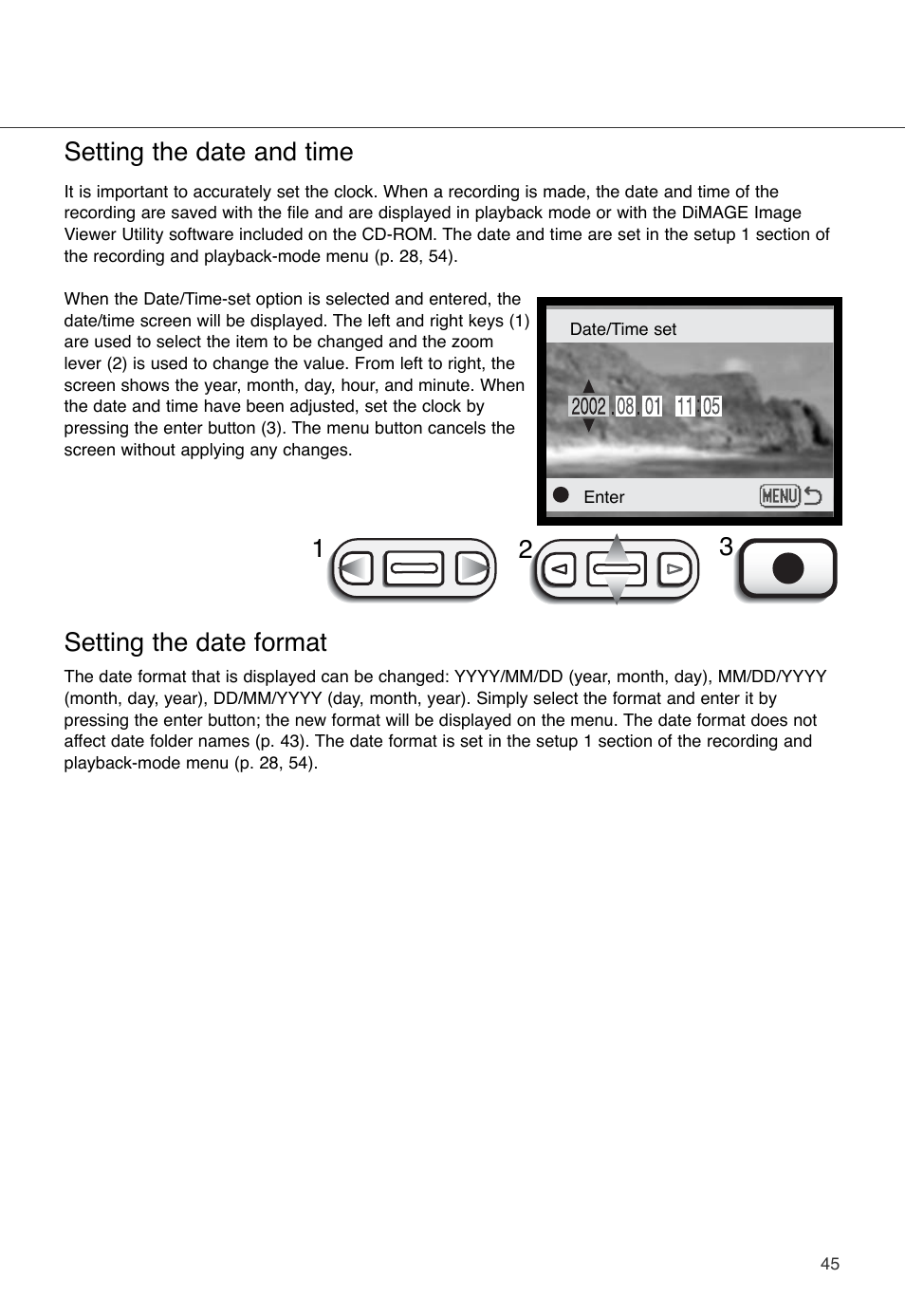 Setting the date and time setting the date format, Setting the date and time, Setting the date format | Konica Minolta DiMAGE X User Manual | Page 45 / 88