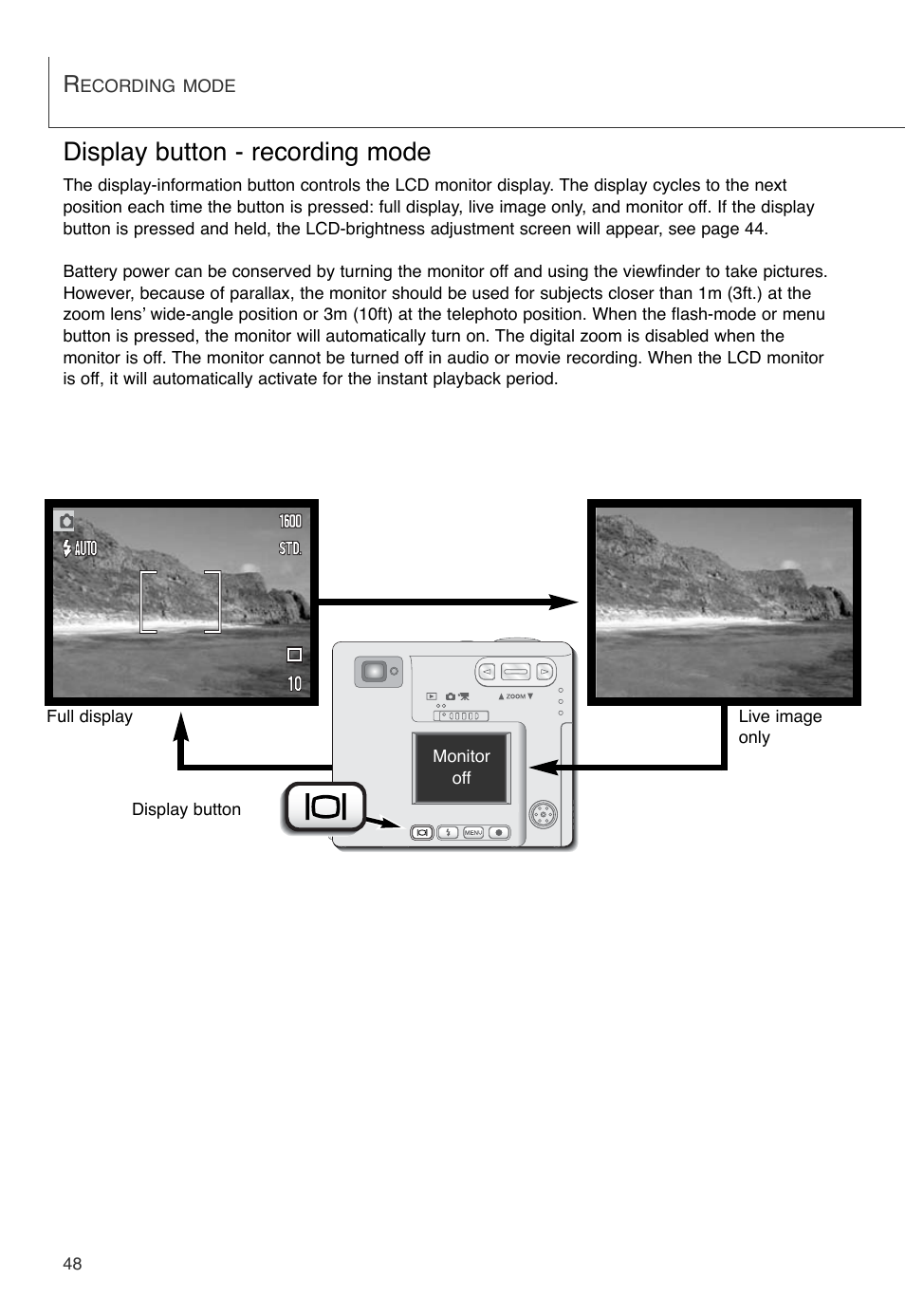 Display button - recording mode | Konica Minolta DiMAGE X User Manual | Page 48 / 88