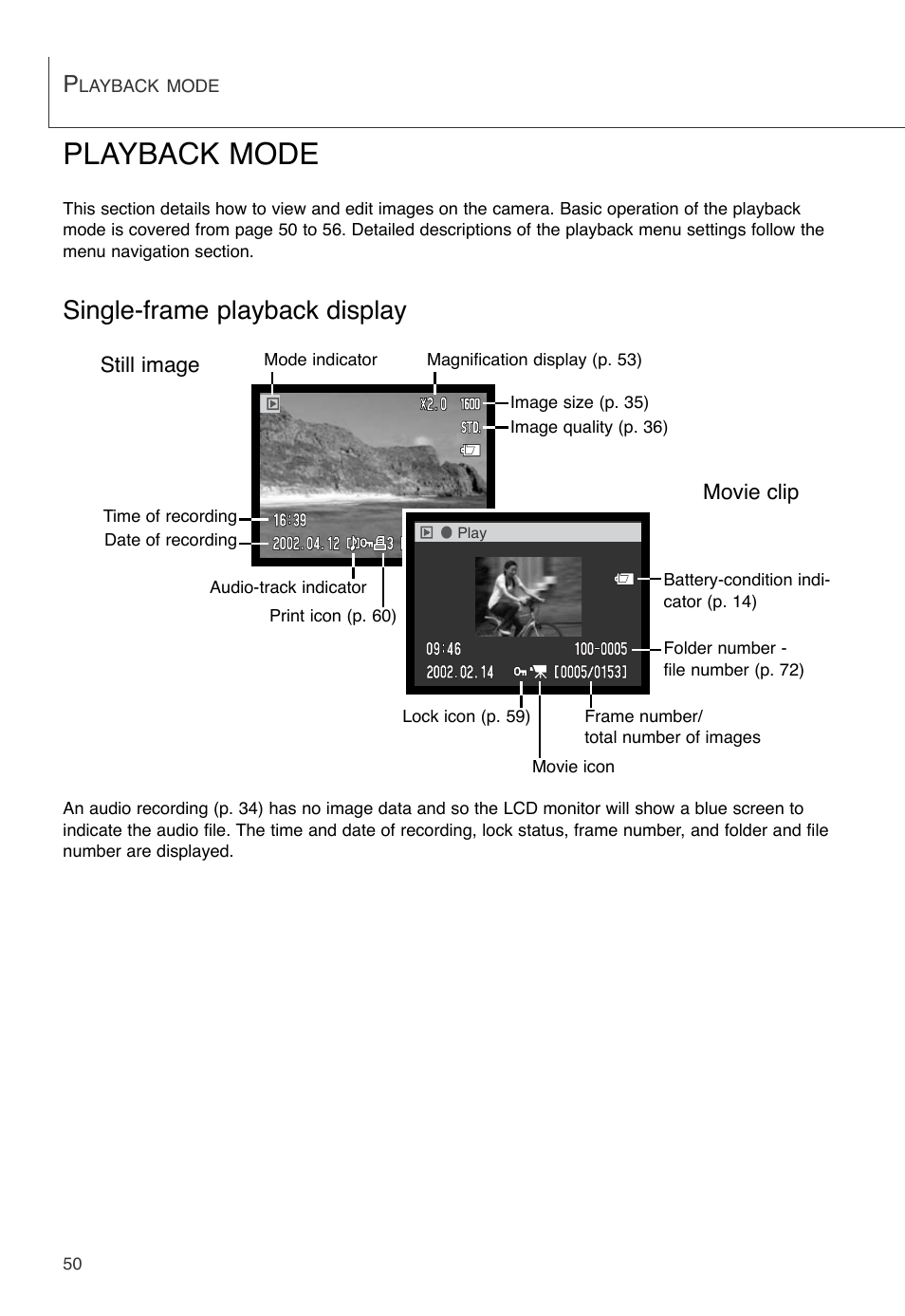 Playback mode, Single-frame playback display | Konica Minolta DiMAGE X User Manual | Page 50 / 88