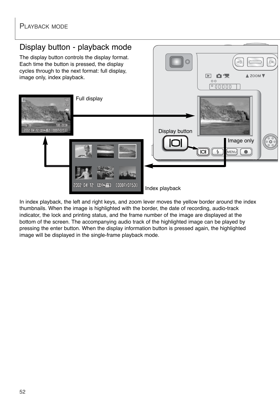 Display button - playback mode | Konica Minolta DiMAGE X User Manual | Page 52 / 88