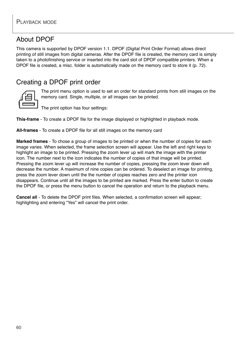 About dpof creating a dpof print order, About dpof, Creating a dpof print order | Konica Minolta DiMAGE X User Manual | Page 60 / 88