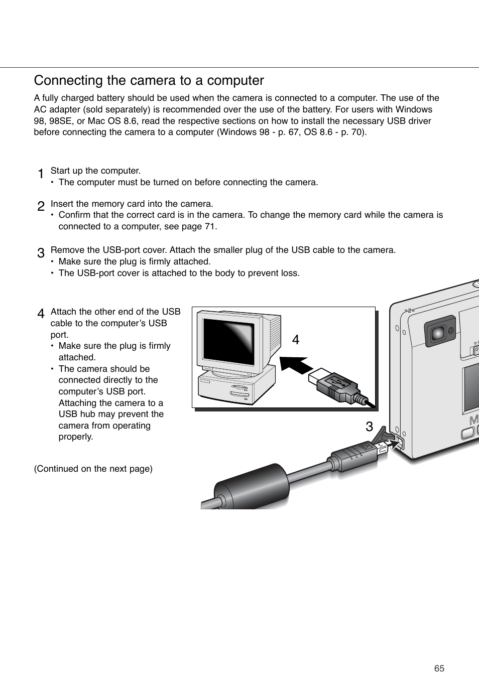Connecting the camera to a computer | Konica Minolta DiMAGE X User Manual | Page 65 / 88