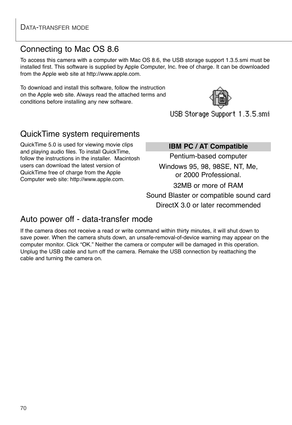 Connecting to mac os 8.6, Auto power off - data-transfer mode, Quicktime system requirements | Konica Minolta DiMAGE X User Manual | Page 70 / 88