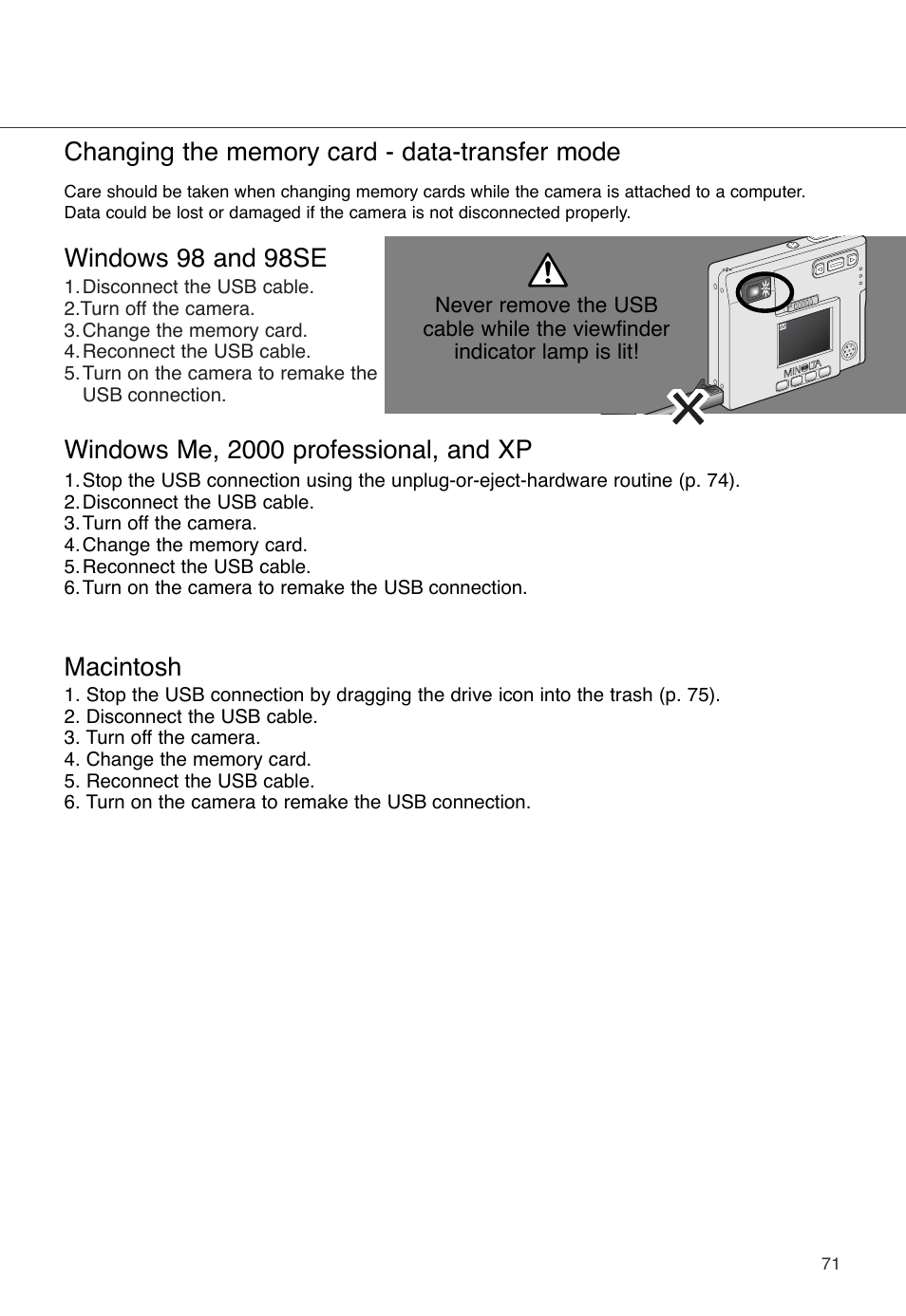 Changing the memory card - data-transfer mode, Windows me, 2000 professional, and xp macintosh, Windows 98 and 98se | Konica Minolta DiMAGE X User Manual | Page 71 / 88