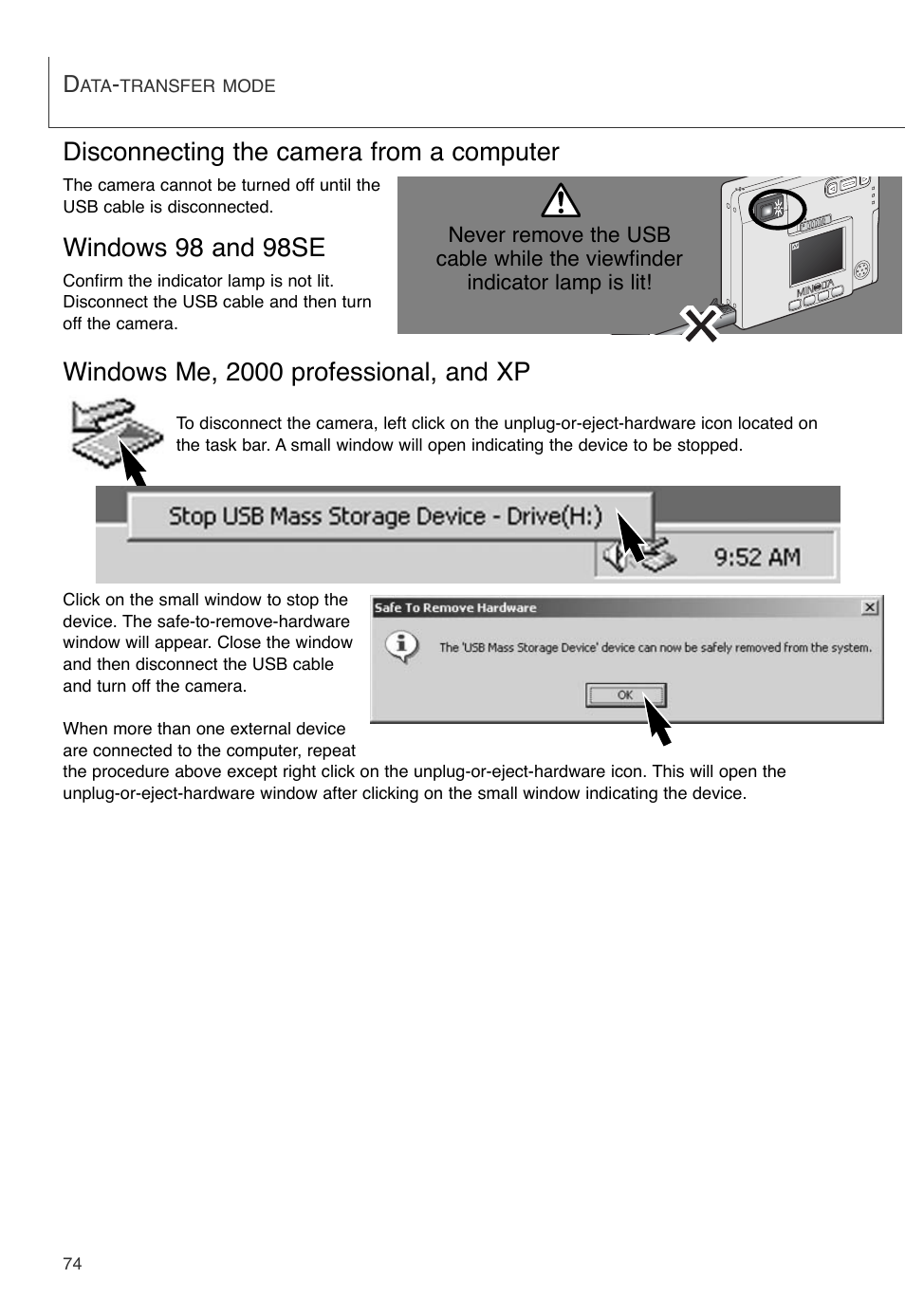 Disconnecting the camera from the computer, Windows 98 and 98se | Konica Minolta DiMAGE X User Manual | Page 74 / 88