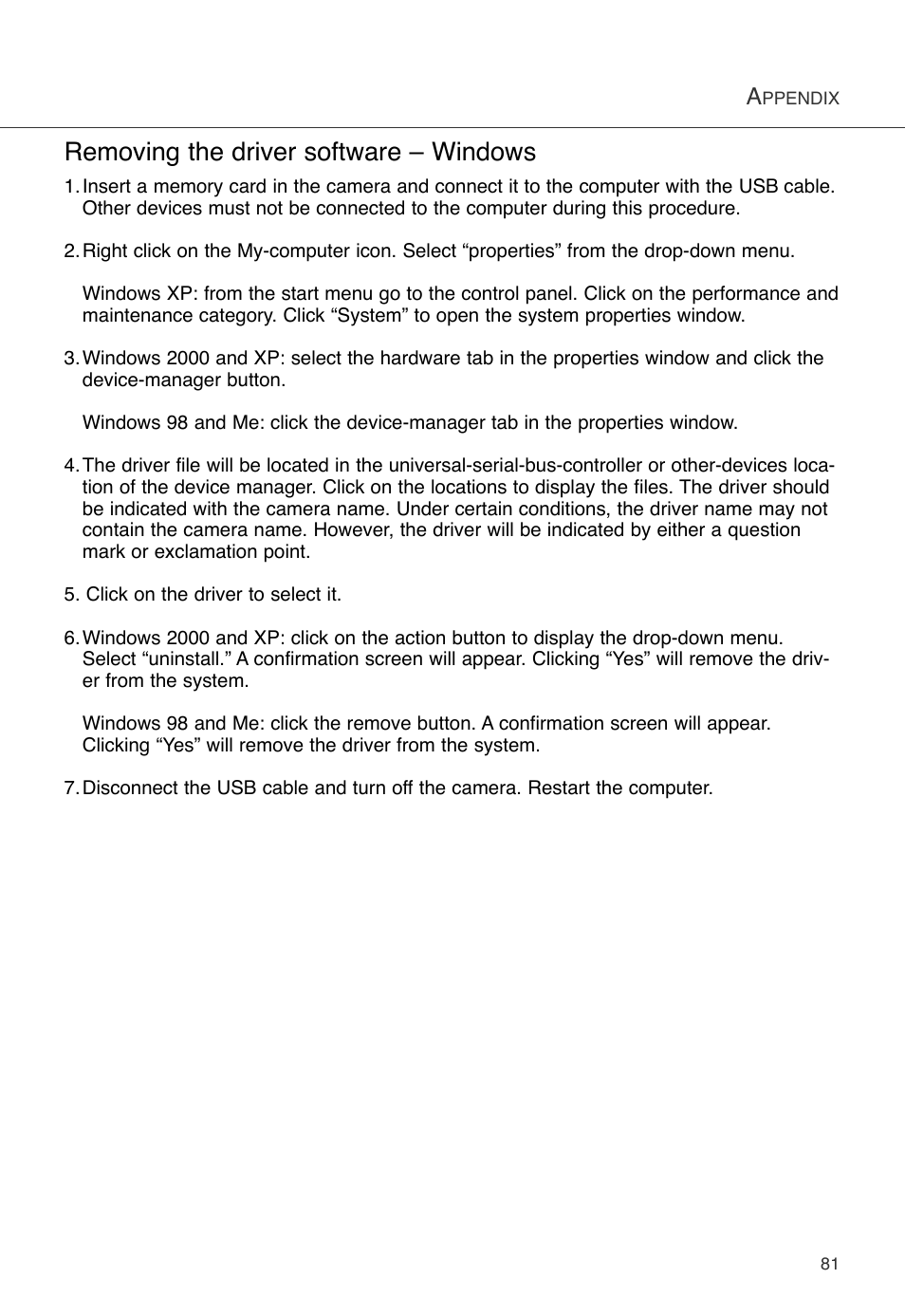 Removing the driver software – windows | Konica Minolta DiMAGE X User Manual | Page 81 / 88