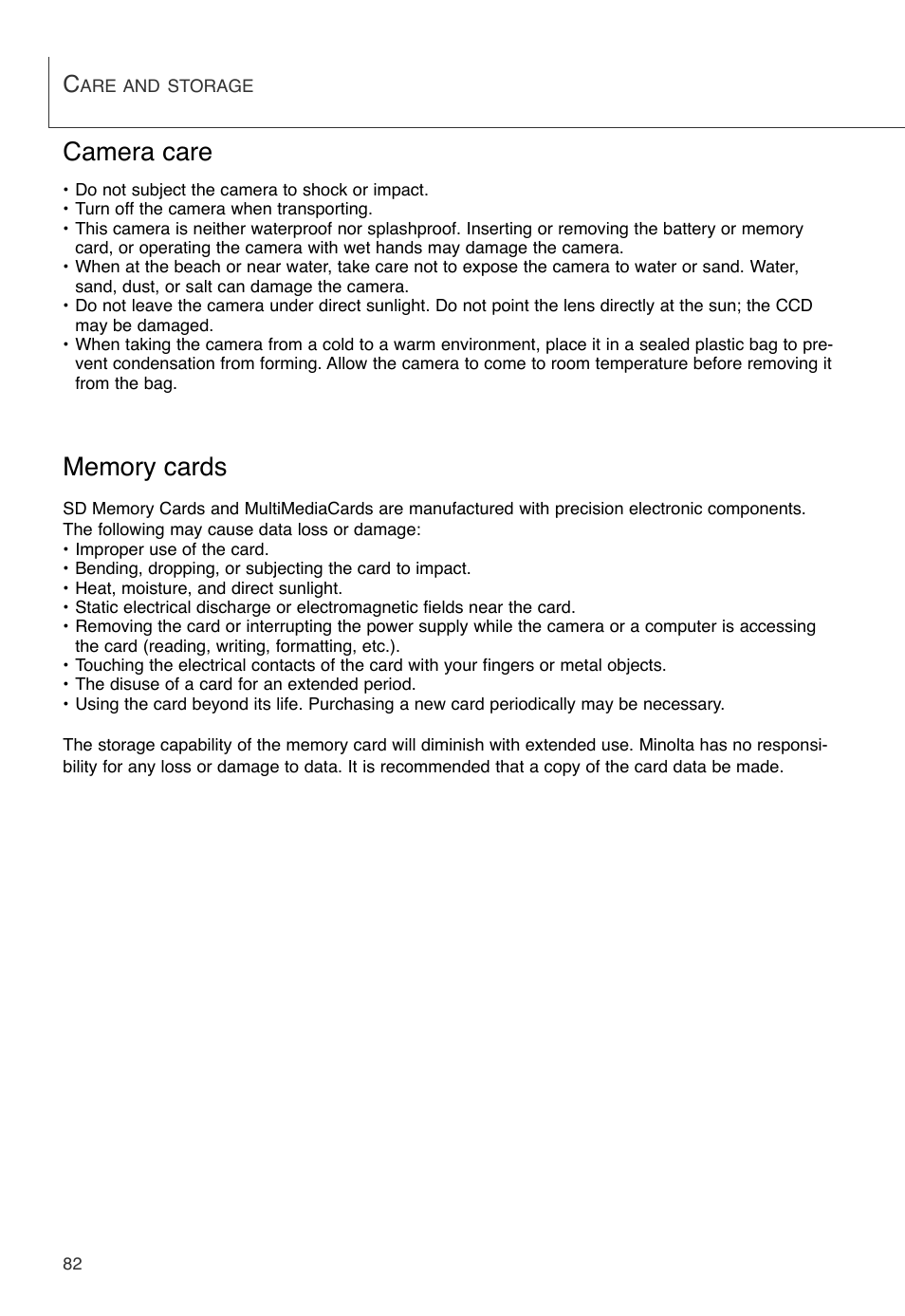 Care and storage, Camera care | Konica Minolta DiMAGE X User Manual | Page 82 / 88