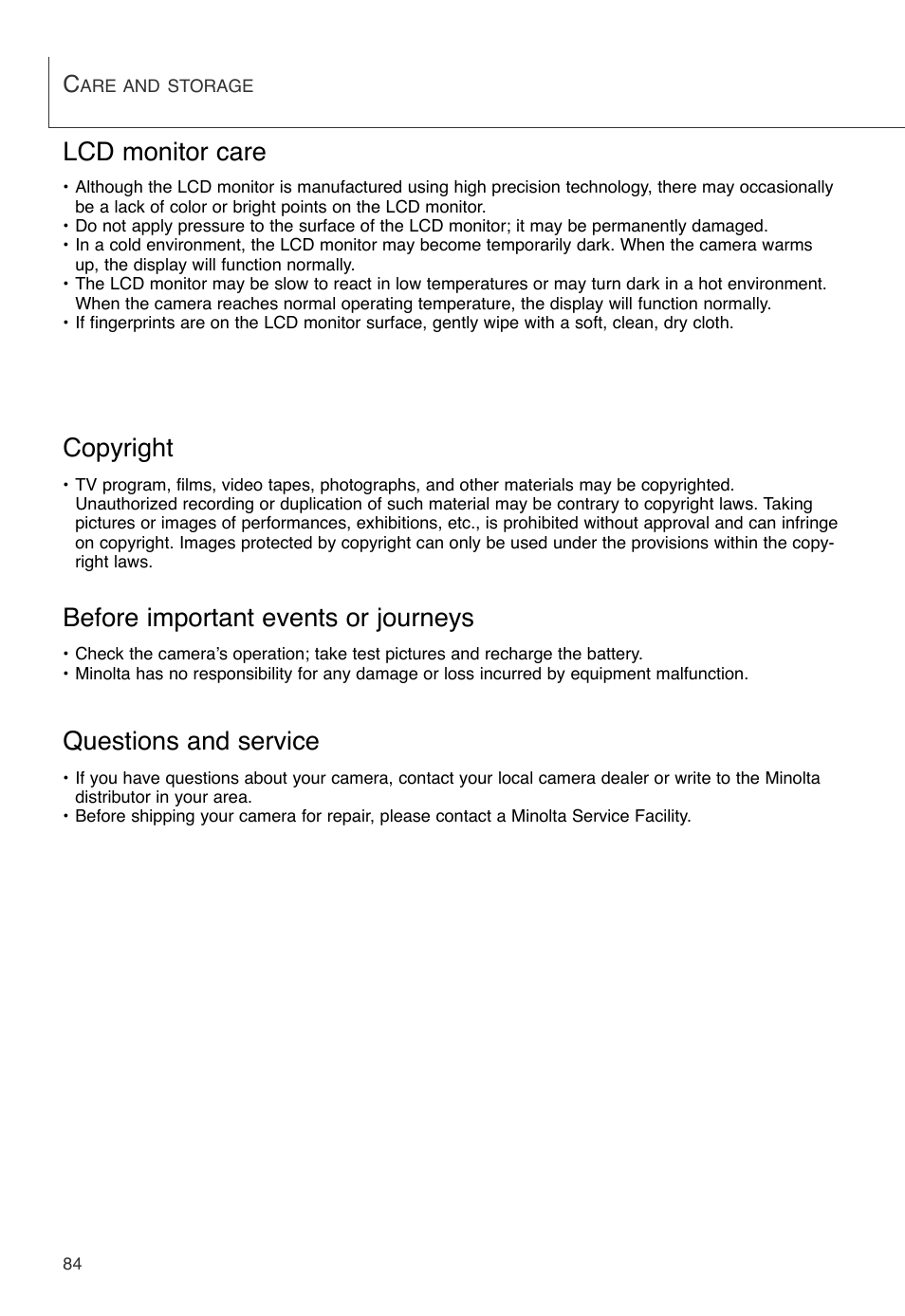 Copyright, Lcd monitor care | Konica Minolta DiMAGE X User Manual | Page 84 / 88