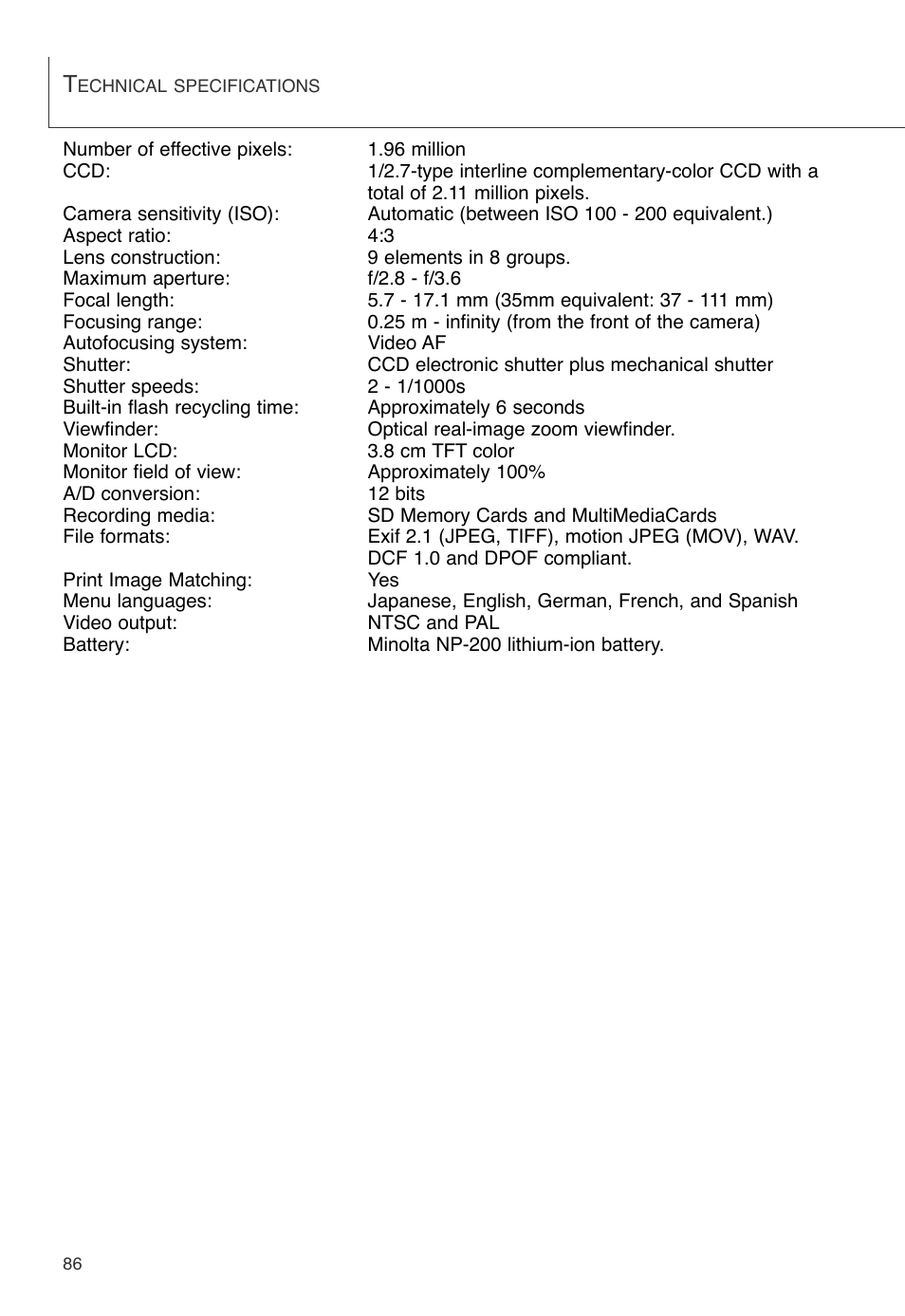 Technical specifications | Konica Minolta DiMAGE X User Manual | Page 86 / 88