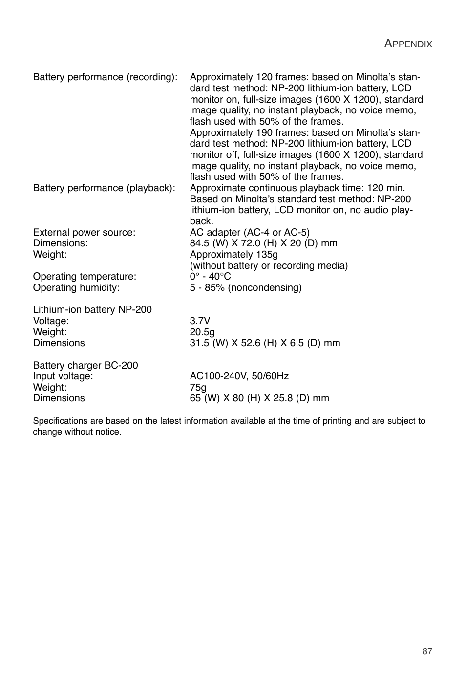 Konica Minolta DiMAGE X User Manual | Page 87 / 88