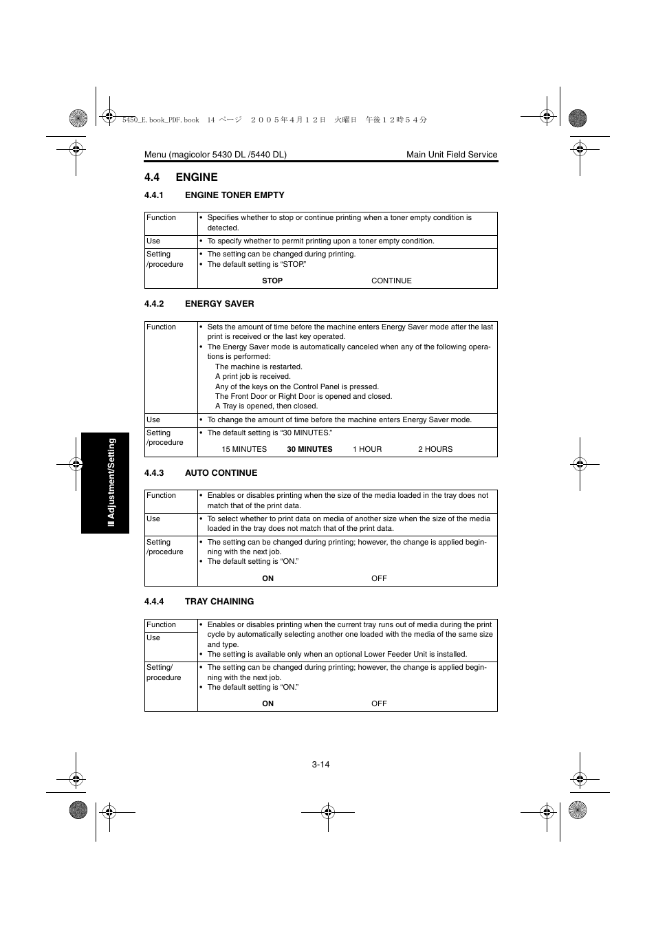 4 engine, 1 engine toner empty, 2 energy saver | 3 auto continue, 4 tray chaining, Engine -14, Engine toner empty -14, Energy saver -14, Auto continue -14, Tray chaining -14 | Konica Minolta Magicolor 5440 DL User Manual | Page 117 / 284
