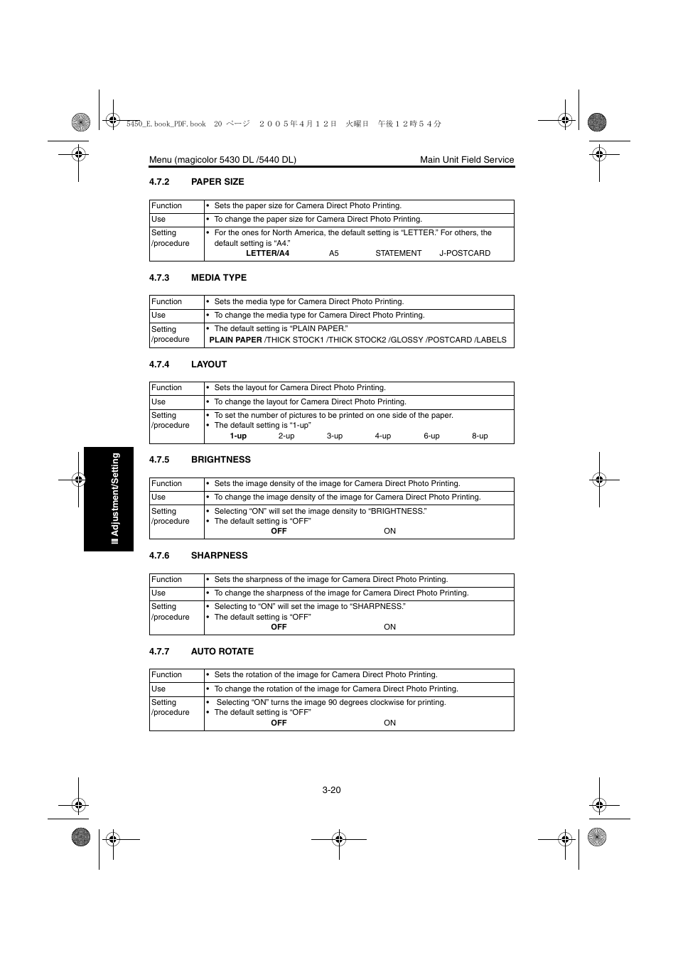 2 paper size, 3 media type, 4 layout | 5 brightness, 6 sharpness, 7 auto rotate, Paper size -20, Media type -20, Layout -20, Brightness -20 | Konica Minolta Magicolor 5440 DL User Manual | Page 123 / 284