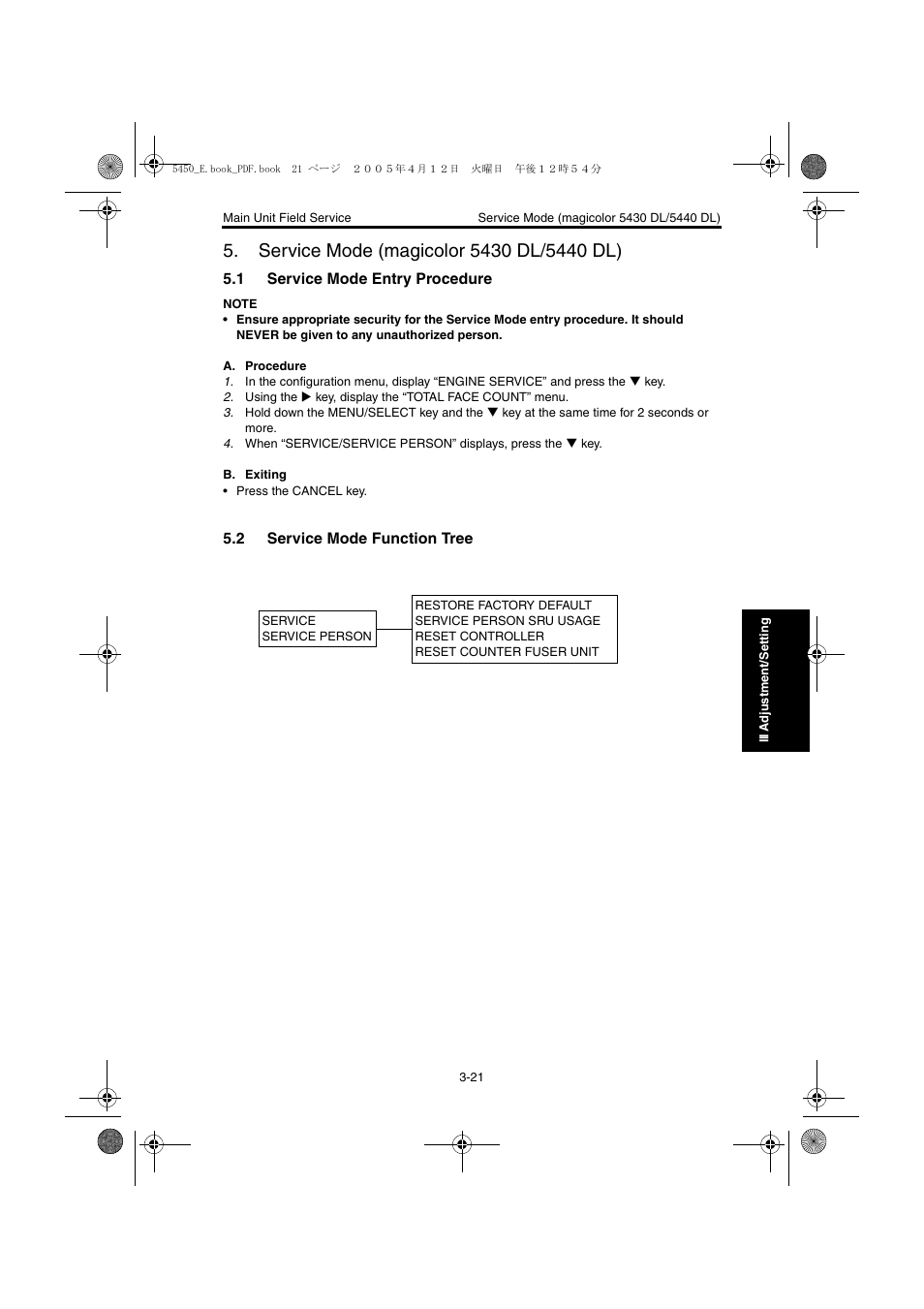 Service mode (magicolor 5430 dl/5440 dl), 1 service mode entry procedure, 2 service mode function tree | Service mode (magicolor 5430 dl/5440 dl) -21, Service mode entry procedure -21, Service mode function tree -21 | Konica Minolta Magicolor 5440 DL User Manual | Page 124 / 284