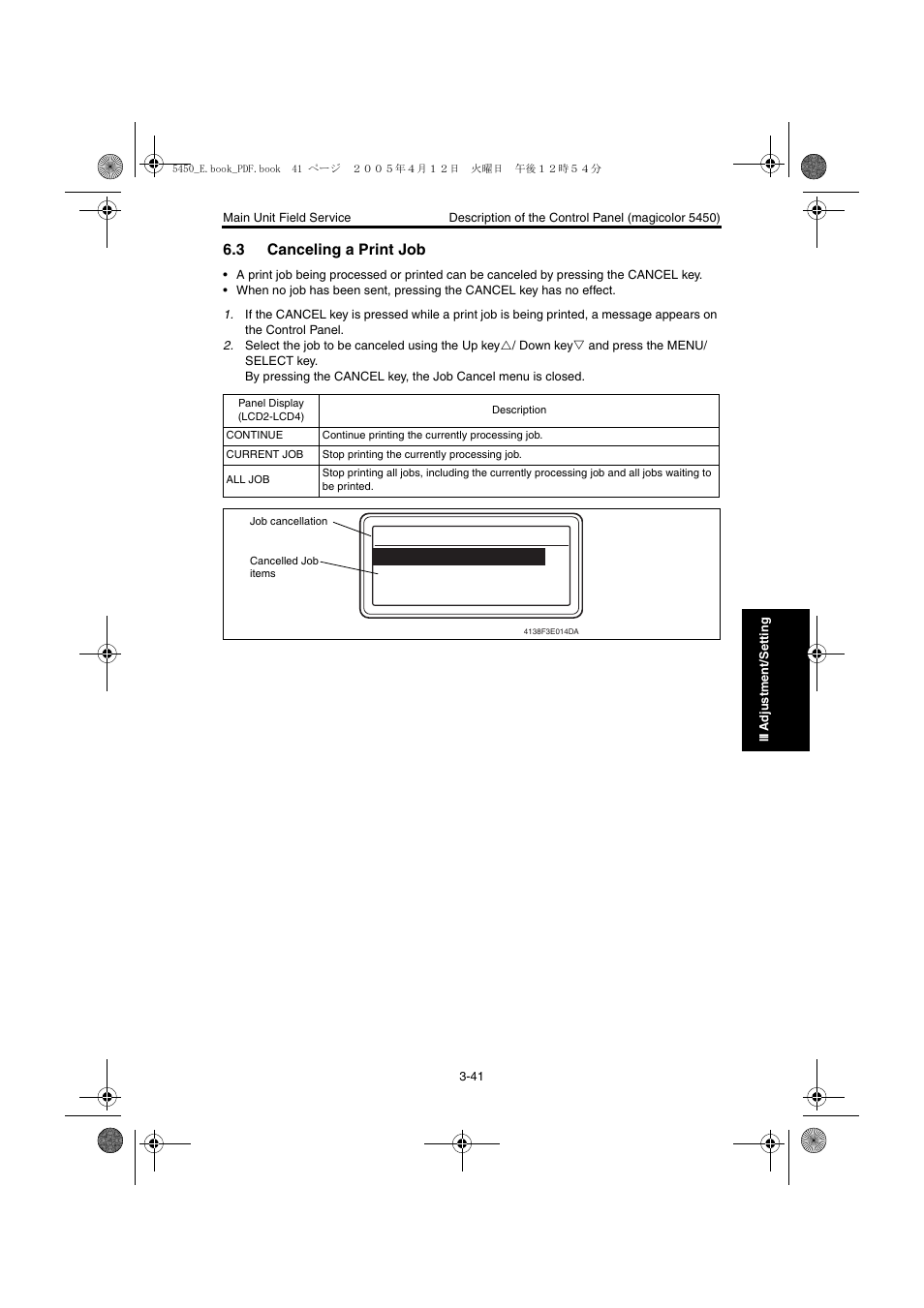 3 canceling a print job, Canceling a print job -41, Cancel job continue current job all jobs | Konica Minolta Magicolor 5440 DL User Manual | Page 144 / 284