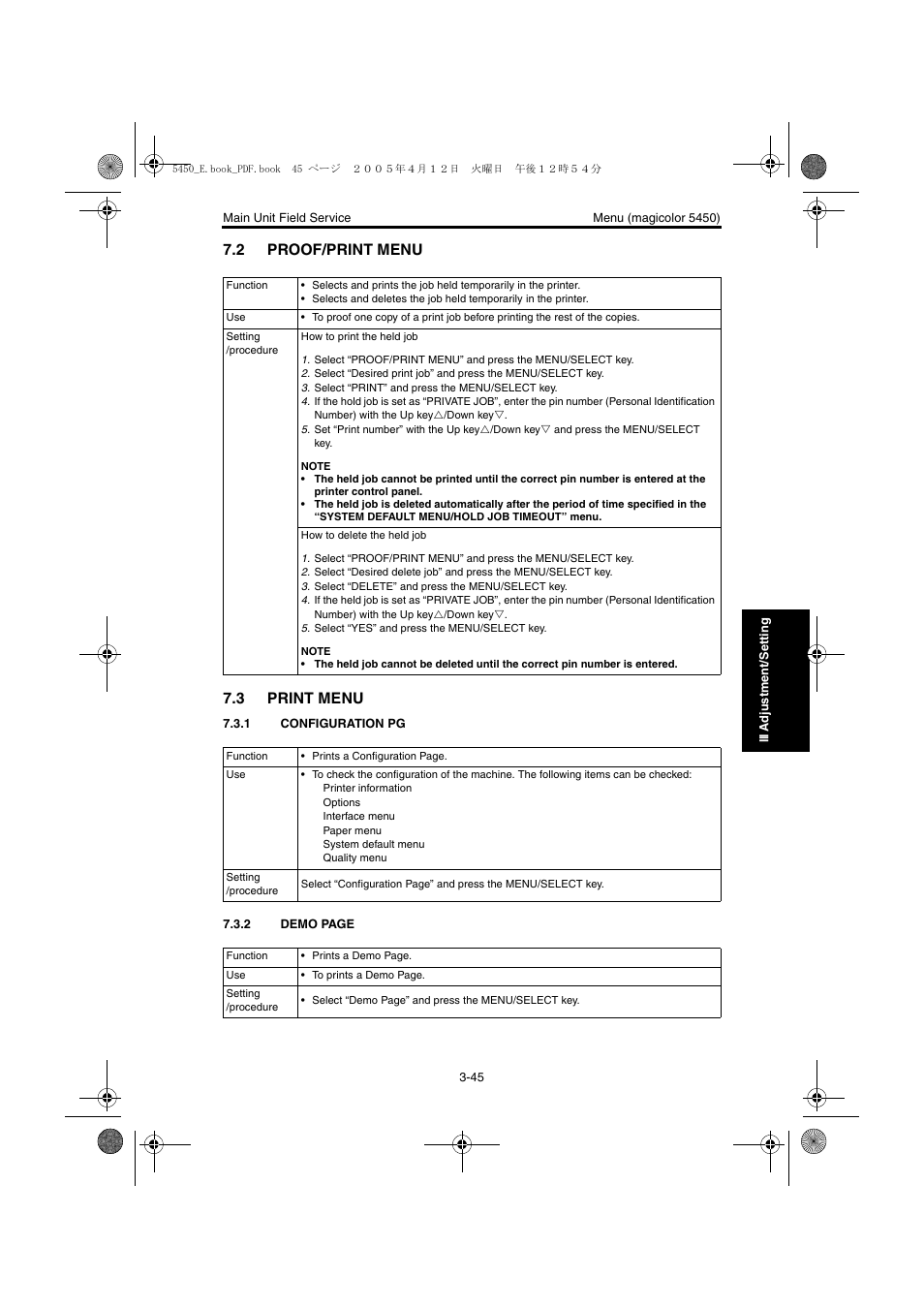 2 proof/print menu, 3 print menu, 1 configuration pg | Proof/print menu -45, Print menu -45, Configuration pg -45, 2 proof/print menu 7.3 print menu | Konica Minolta Magicolor 5440 DL User Manual | Page 148 / 284