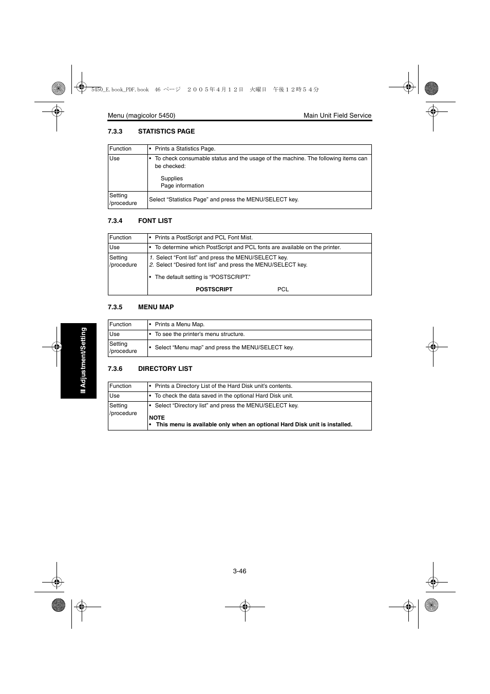 4 font list, 5 menu map, 6 directory list | Font list -46, Menu map -46, Directory list -46 | Konica Minolta Magicolor 5440 DL User Manual | Page 149 / 284