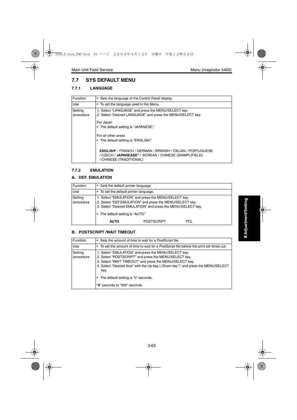 7 sys default menu, 1 language, 2 emulation | Sys default menu -63, Language -63, Emulation -63 | Konica Minolta Magicolor 5440 DL User Manual | Page 166 / 284