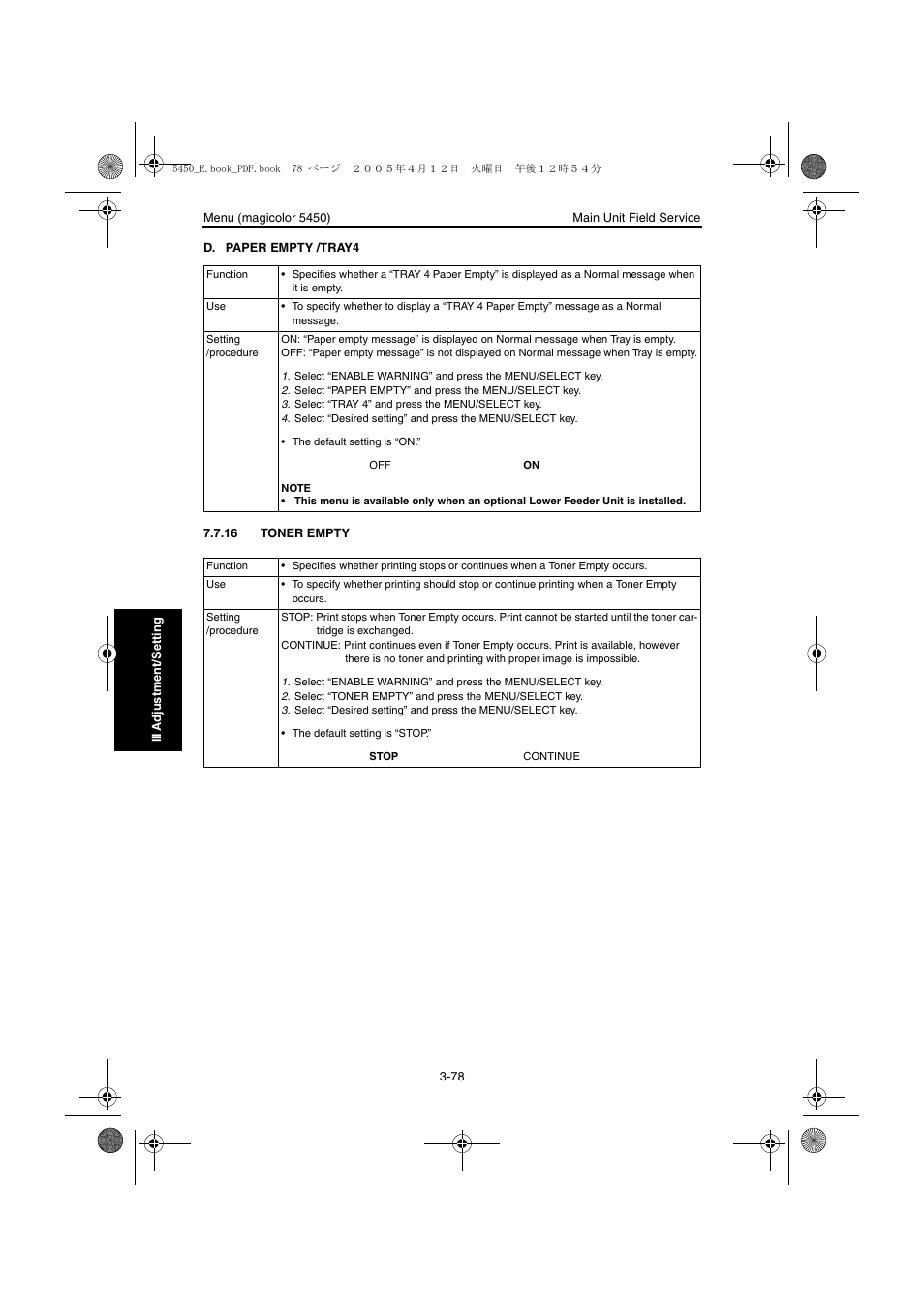 16 toner empty, 16 toner empty -78 | Konica Minolta Magicolor 5440 DL User Manual | Page 181 / 284