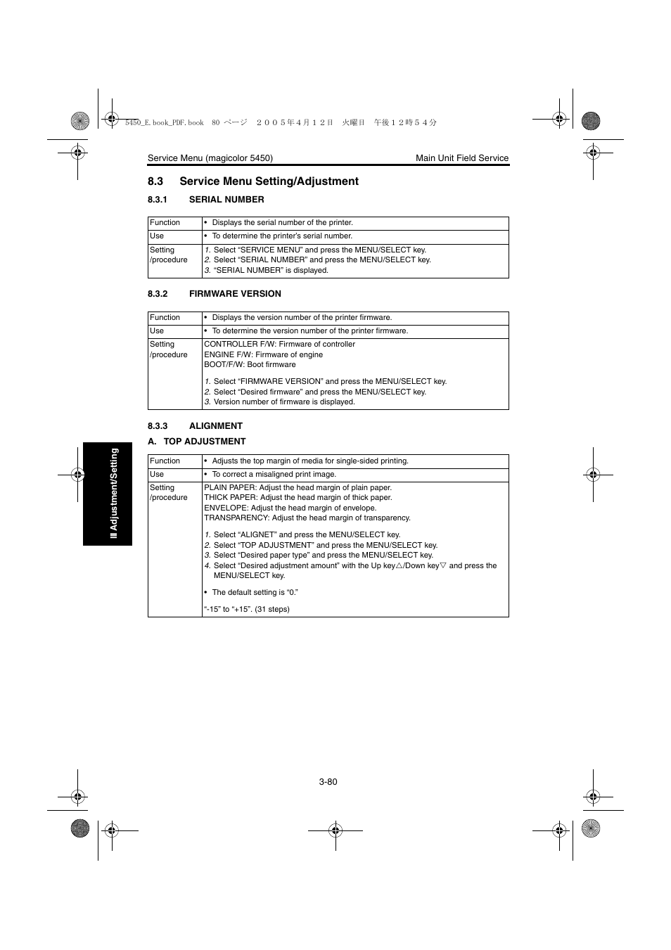 3 service menu setting/adjustment, 1 serial number, 2 firmware version | 3 alignment, Service menu setting/adjustment -80, Serial number -80, Firmware version -80, Alignment -80 | Konica Minolta Magicolor 5440 DL User Manual | Page 183 / 284
