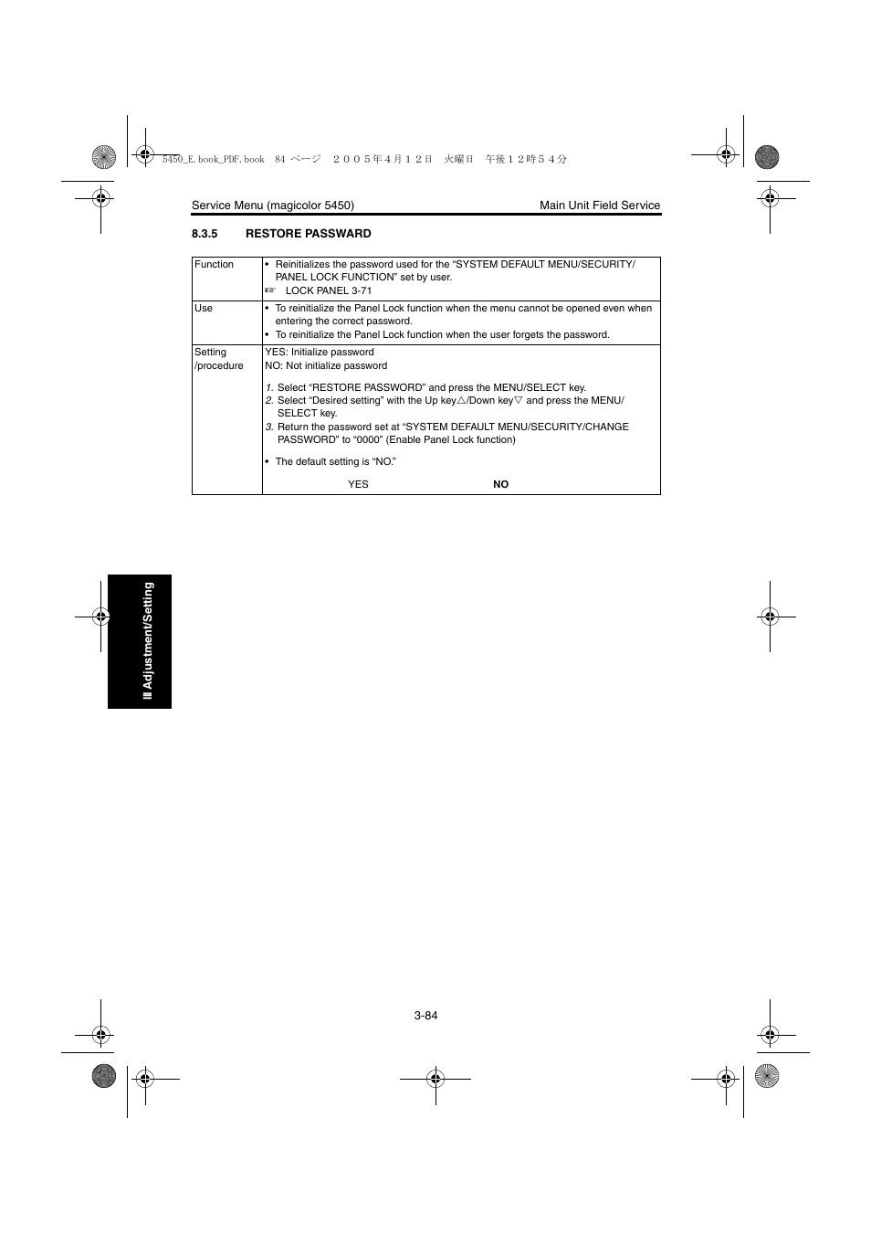 5 restore passward, Restore passward -84 | Konica Minolta Magicolor 5440 DL User Manual | Page 187 / 284