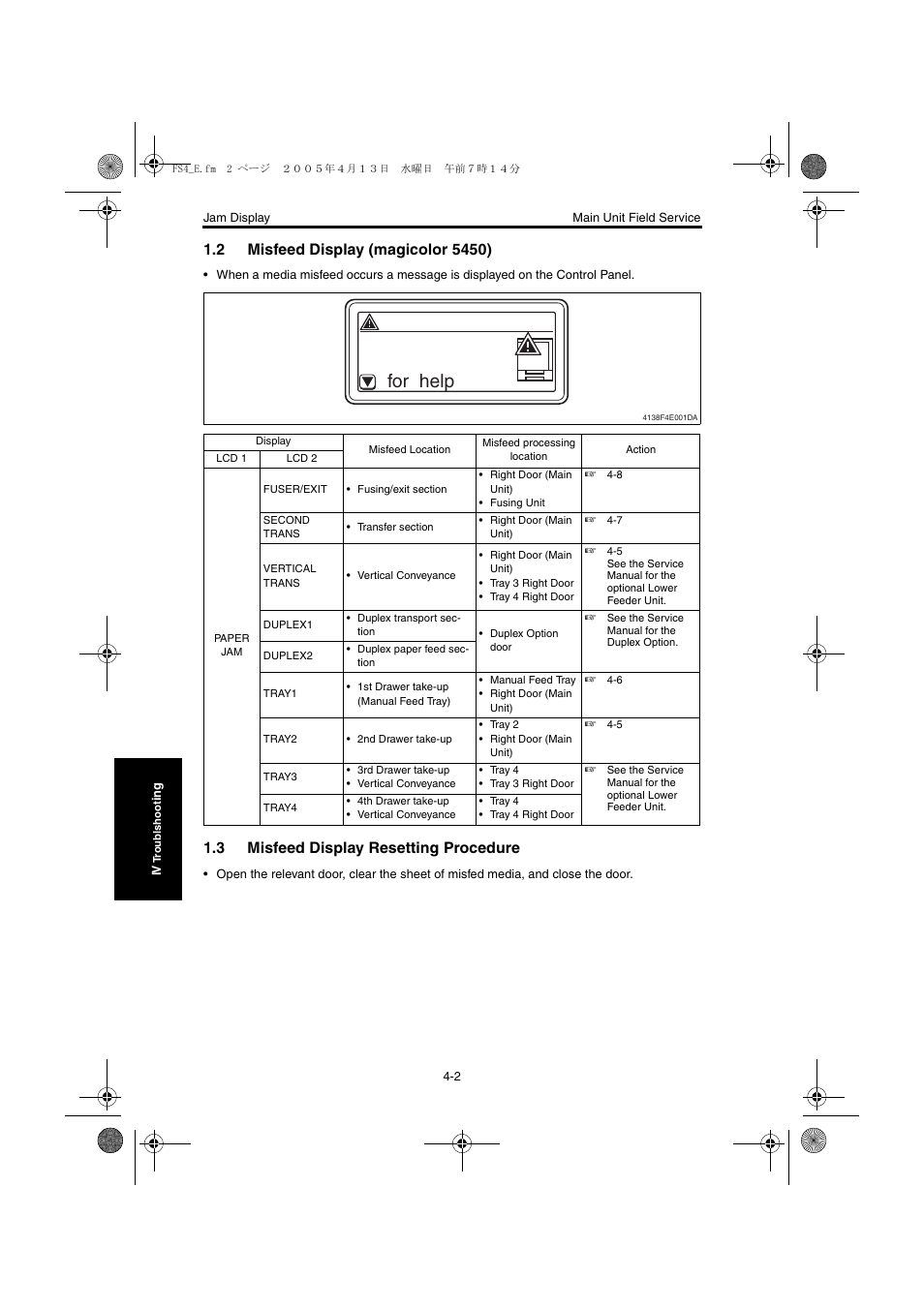 2 misfeed display (magicolor 5450), 3 misfeed display resetting procedure, Misfeed display (magicolor 5450) -2 | Misfeed display resetting procedure -2, For help, Paper jam, Tray1 | Konica Minolta Magicolor 5440 DL User Manual | Page 189 / 284