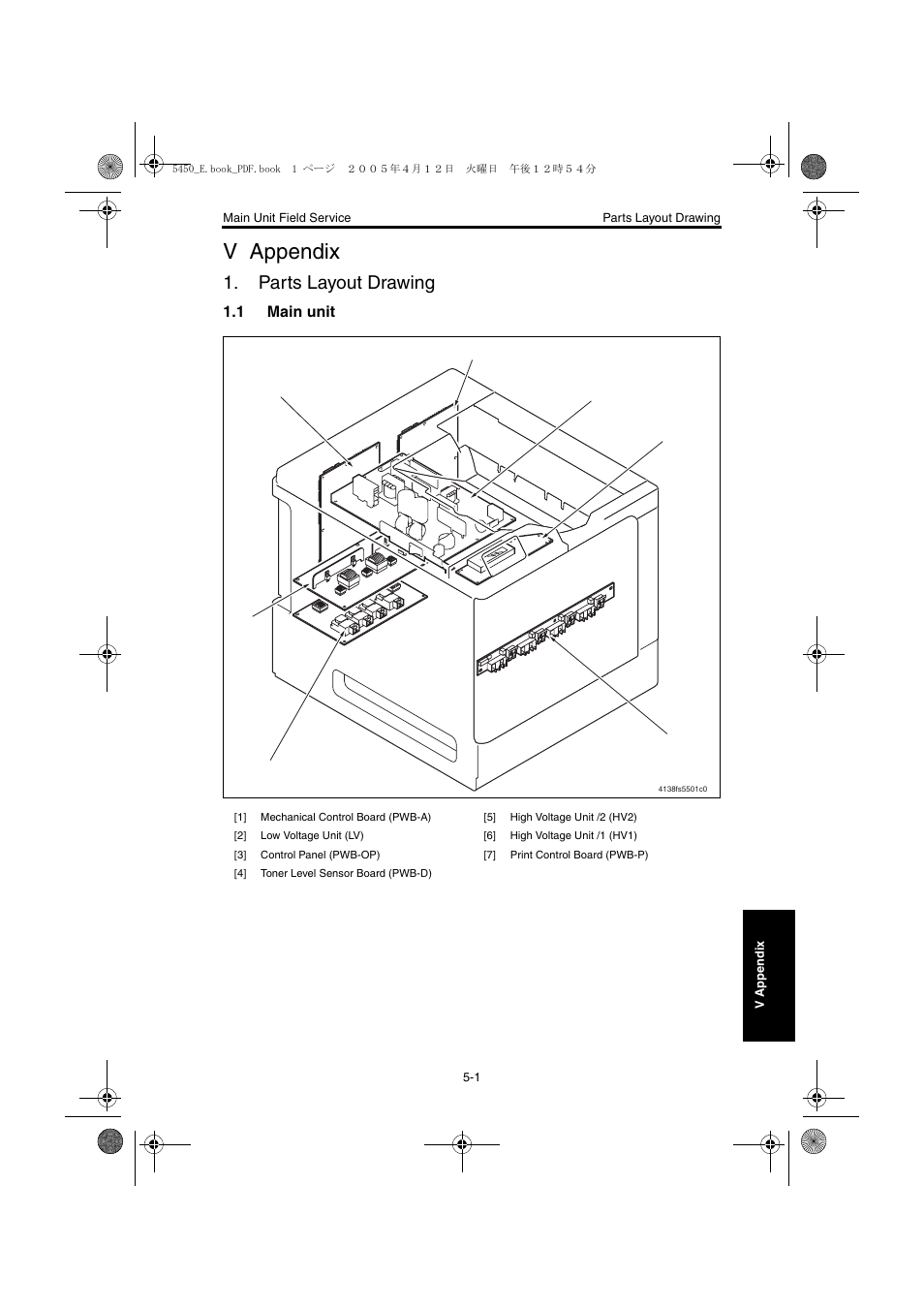 V appendix, Parts layout drawing, 1 main unit | Appendix, Parts layout drawing -1, Main unit -1 | Konica Minolta Magicolor 5440 DL User Manual | Page 238 / 284