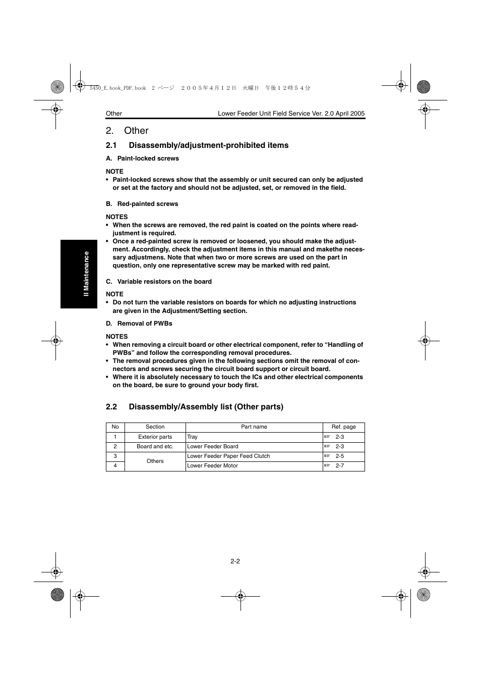 Other, 1 disassembly/adjustment-prohibited items, 2 disassembly/assembly list (other parts) | Other -2, Disassembly/adjustment-prohibited items -2, Disassembly/assembly list (other parts) -2 | Konica Minolta Magicolor 5440 DL User Manual | Page 252 / 284