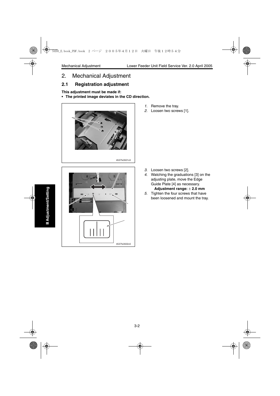 Mechanical adjustment, 1 registration adjustment, Mechanical adjustment -2 | Registration adjustment -2 | Konica Minolta Magicolor 5440 DL User Manual | Page 260 / 284