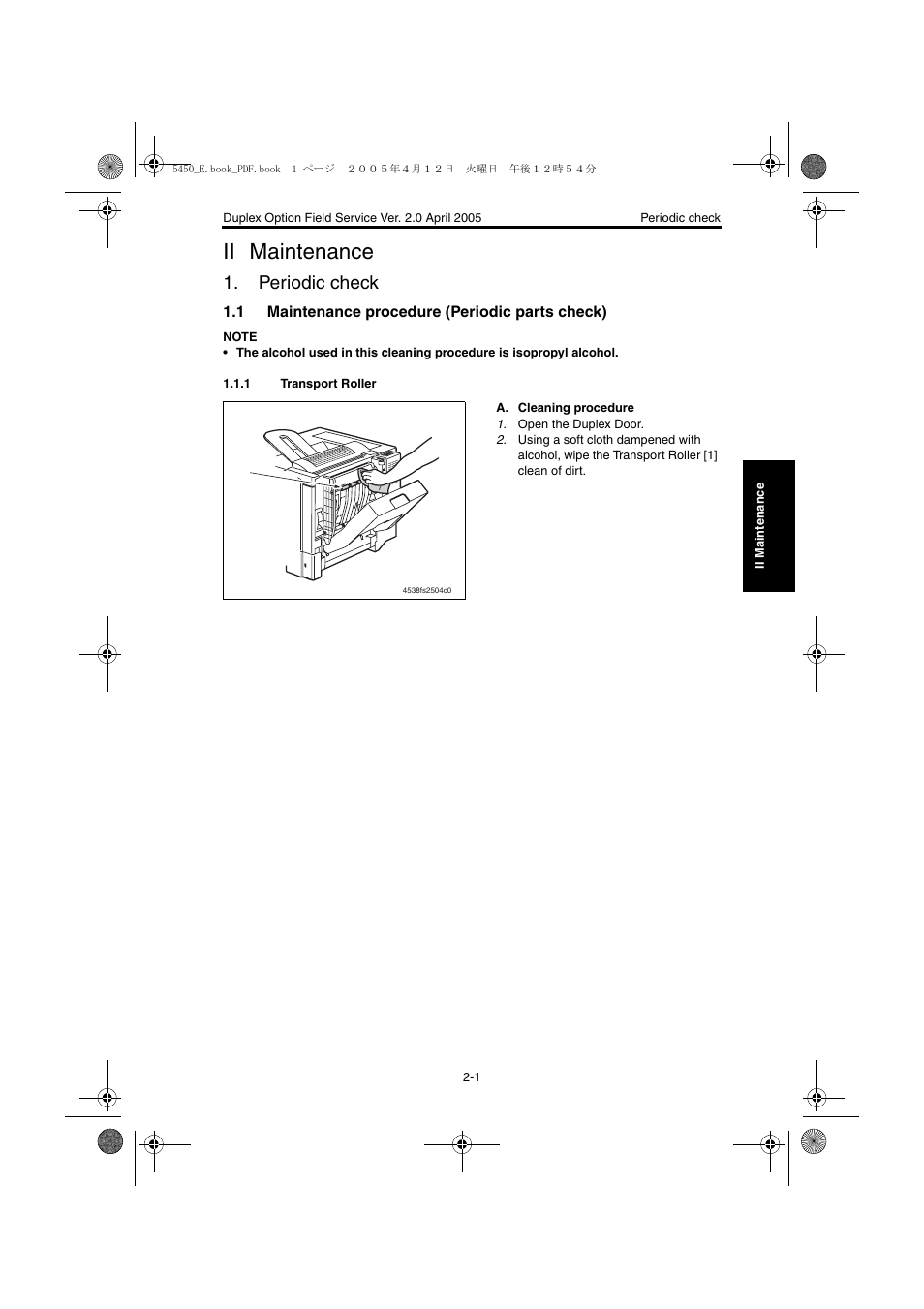 Ii maintenance, Periodic check, 1 maintenance procedure (periodic parts check) | 1 transport roller, Maintenance, Periodic check -1, Maintenance procedure (periodic parts check) -1, Transport roller -1 | Konica Minolta Magicolor 5440 DL User Manual | Page 272 / 284