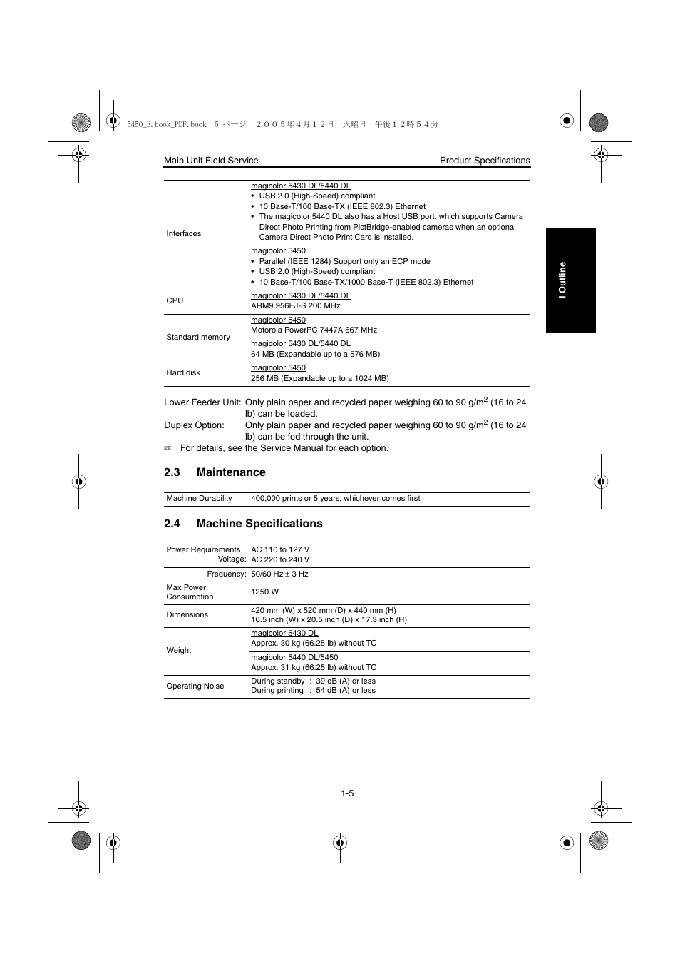 3 maintenance, 4 machine specifications, Maintenance -5 | Machine specifications -5 | Konica Minolta Magicolor 5440 DL User Manual | Page 36 / 284