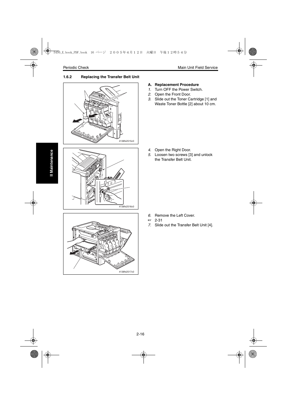 2 replacing the transfer belt unit, Replacing the transfer belt unit -16 | Konica Minolta Magicolor 5440 DL User Manual | Page 53 / 284