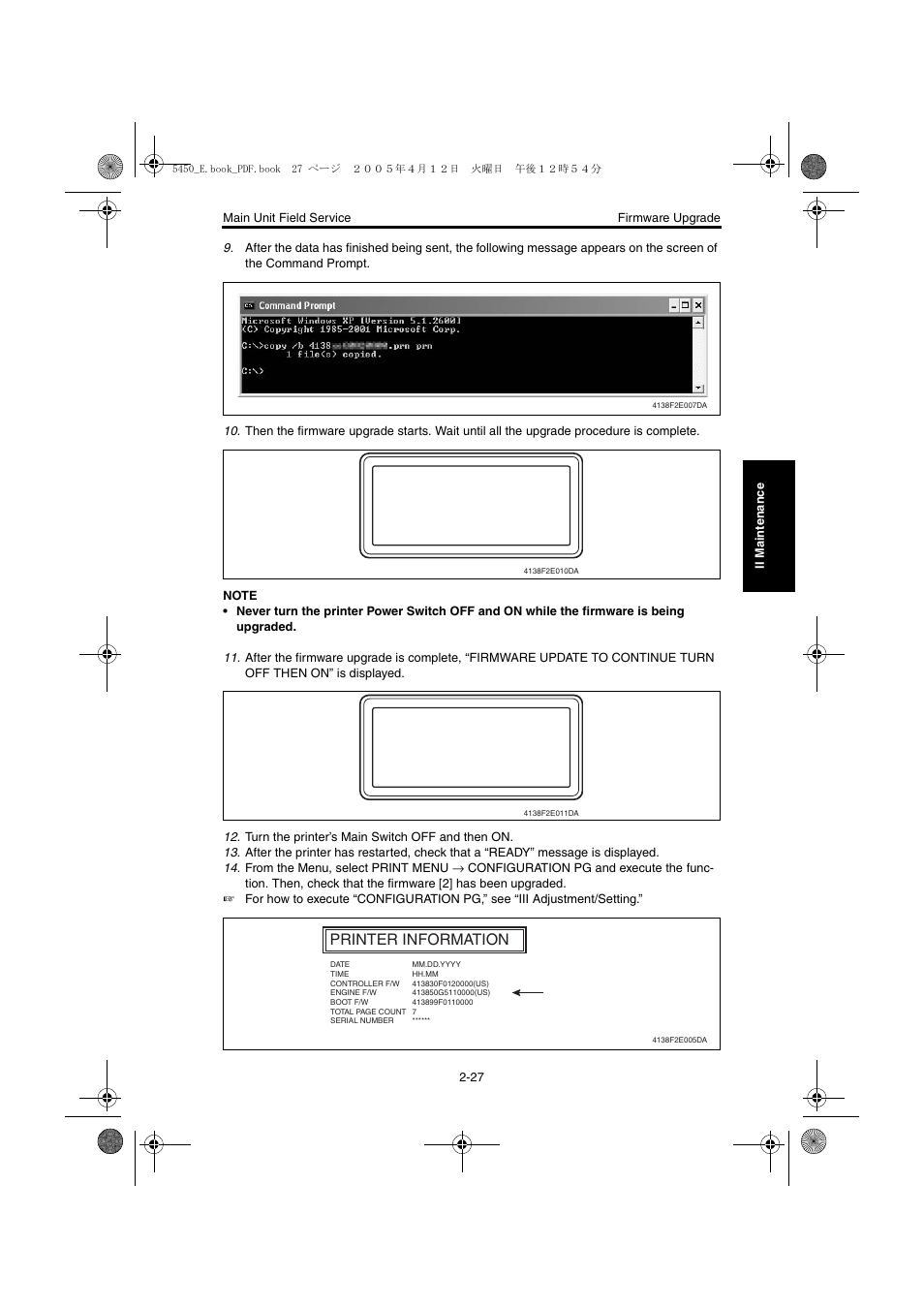 Firmware update writing data xx, Firmware update to continue turn off then on, Printer information | Konica Minolta Magicolor 5440 DL User Manual | Page 64 / 284