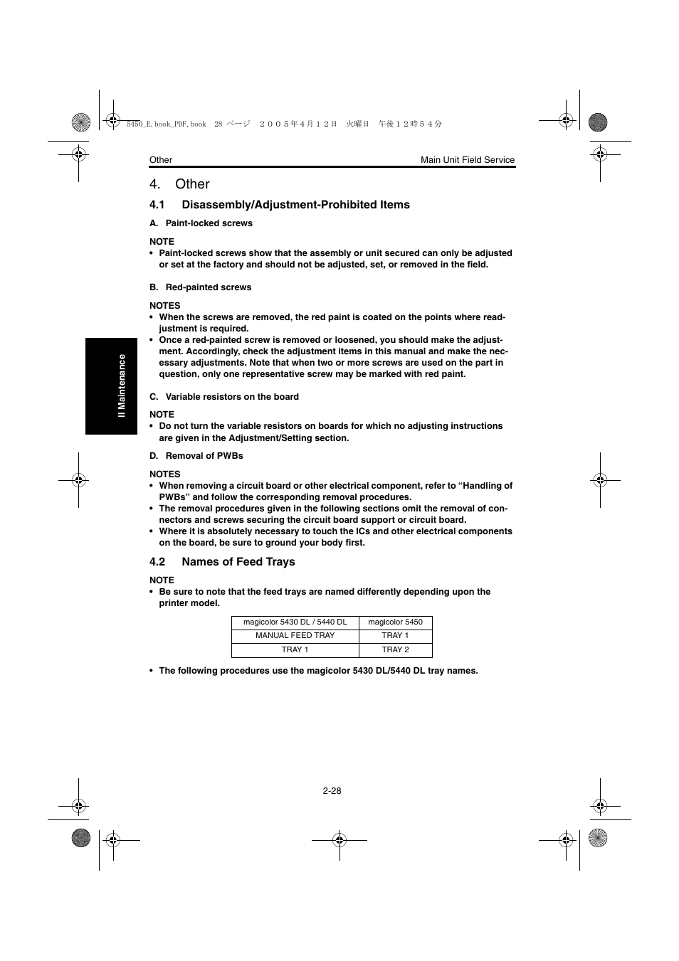 Other, 1 disassembly/adjustment-prohibited items, 2 names of feed trays | Other -28, Disassembly/adjustment-prohibited items -28, Names of feed trays -28 | Konica Minolta Magicolor 5440 DL User Manual | Page 65 / 284