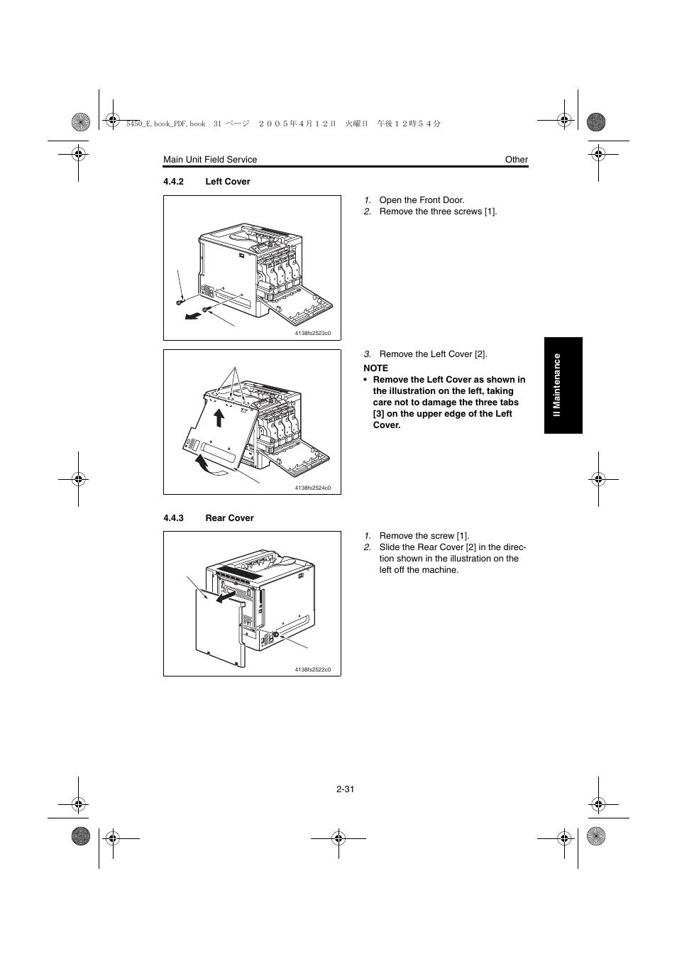 2 left cover, 3 rear cover, Left cover -31 | Rear cover -31 | Konica Minolta Magicolor 5440 DL User Manual | Page 68 / 284