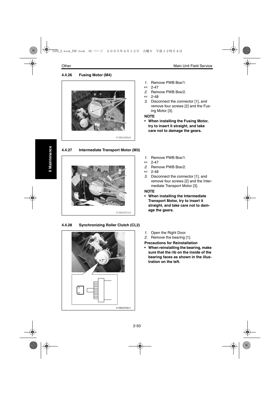 26 fusing motor (m4), 27 intermediate transport motor (m3), 28 synchronizing roller clutch (cl2) | 26 fusing motor (m4) -50, 27 intermediate transport motor (m3) -50, 28 synchronizing roller clutch (cl2) -50 | Konica Minolta Magicolor 5440 DL User Manual | Page 87 / 284