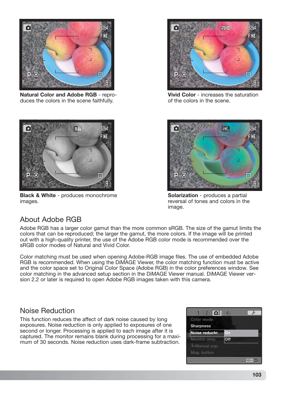 About adobe rgb, Noise reduction | Konica Minolta DiMAGE_A2 User Manual | Page 103 / 180