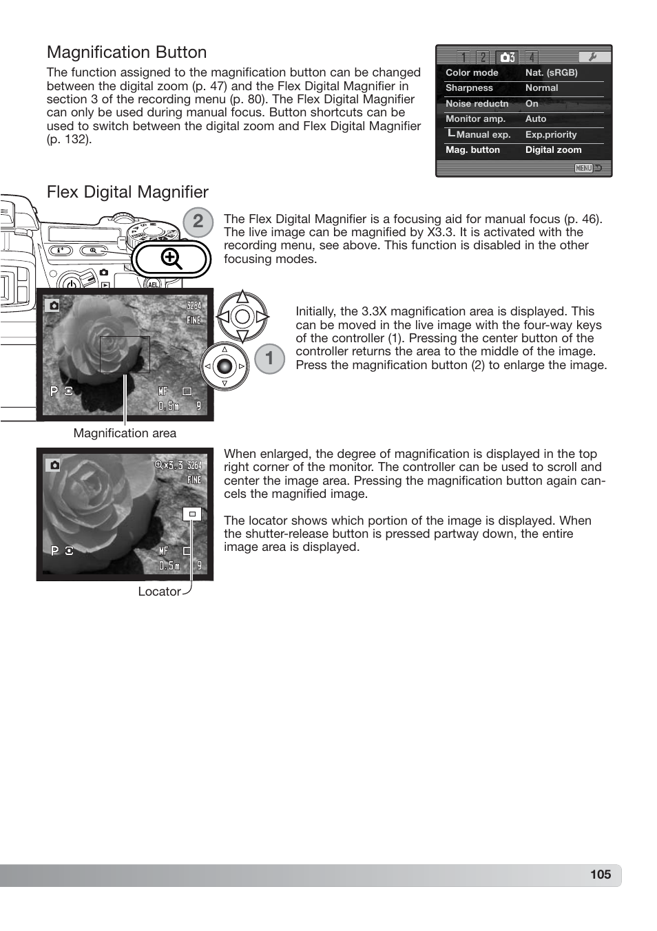 Magnification button flex digital magnifier, Magnification button, Flex digital magnifier | Konica Minolta DiMAGE_A2 User Manual | Page 105 / 180