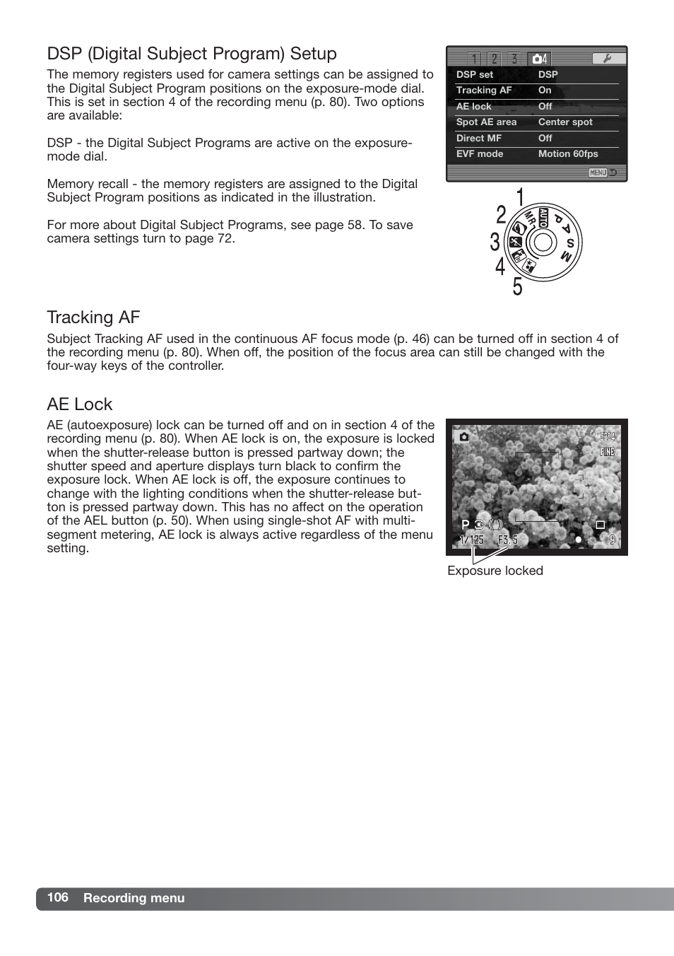 Dsp (digital subject program) setup, Tracking af, Ae lock | Konica Minolta DiMAGE_A2 User Manual | Page 106 / 180