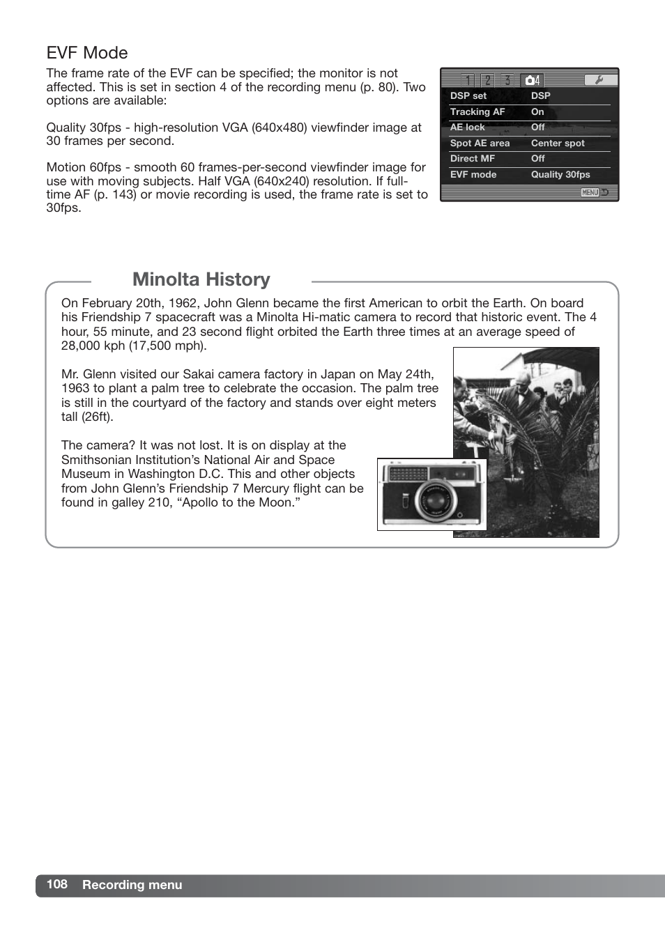 Evf mode, Minolta history | Konica Minolta DiMAGE_A2 User Manual | Page 108 / 180