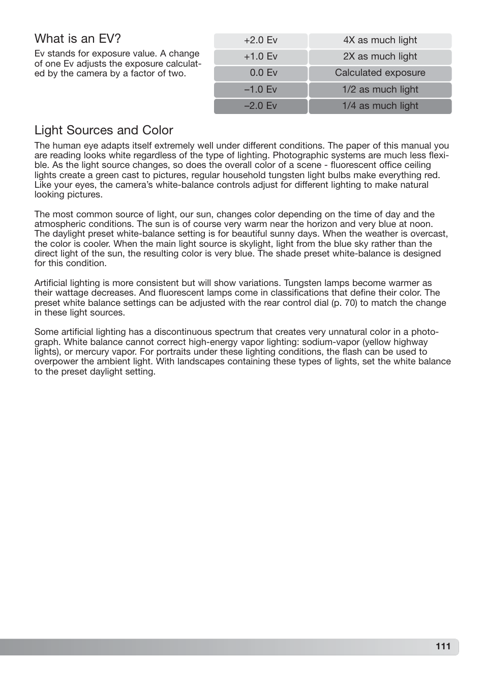 What is an ev? light sources and color, What is an ev, Light sources and color | Konica Minolta DiMAGE_A2 User Manual | Page 111 / 180