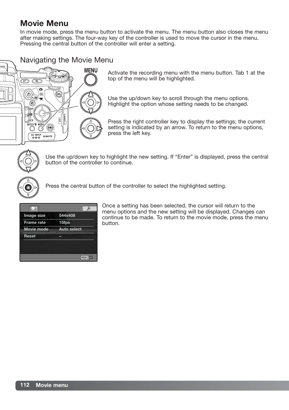 Movie menu, Navigating the movie menu | Konica Minolta DiMAGE_A2 User Manual | Page 112 / 180