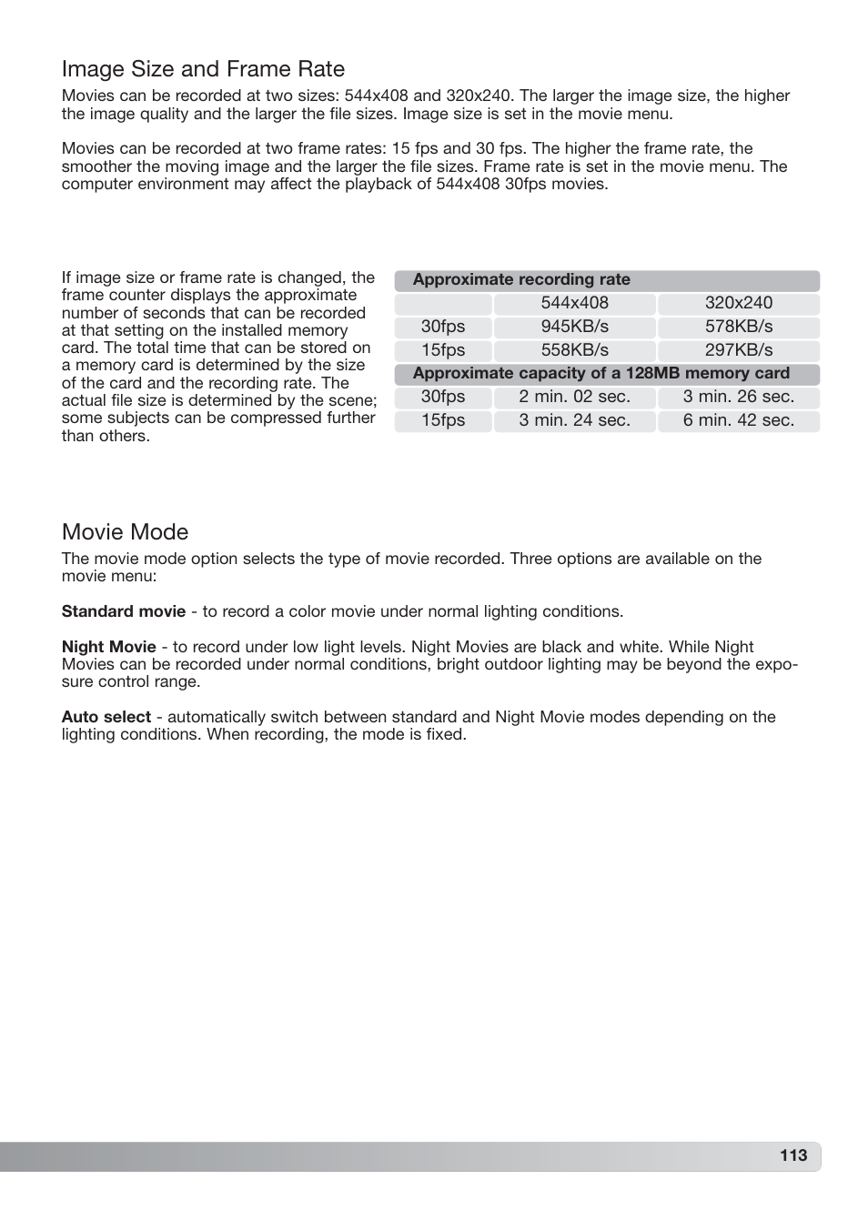 Image size and frame rate movie mode, Movie mode, Image size and frame rate | Konica Minolta DiMAGE_A2 User Manual | Page 113 / 180